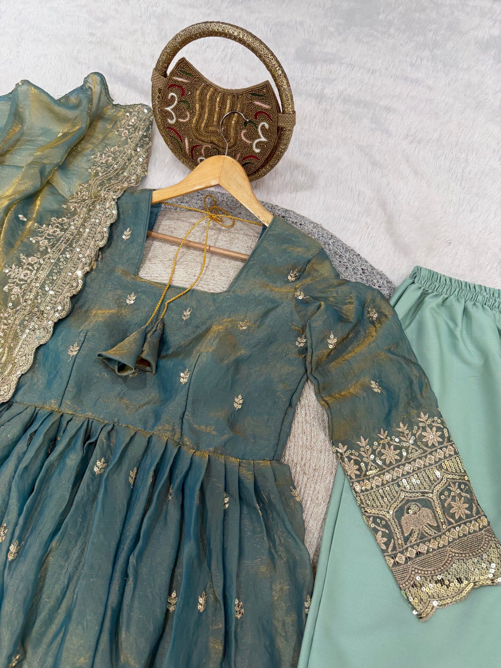 Mint Green Fendi Satin Embroidered Sequins Work Full Sleeve Suit Set