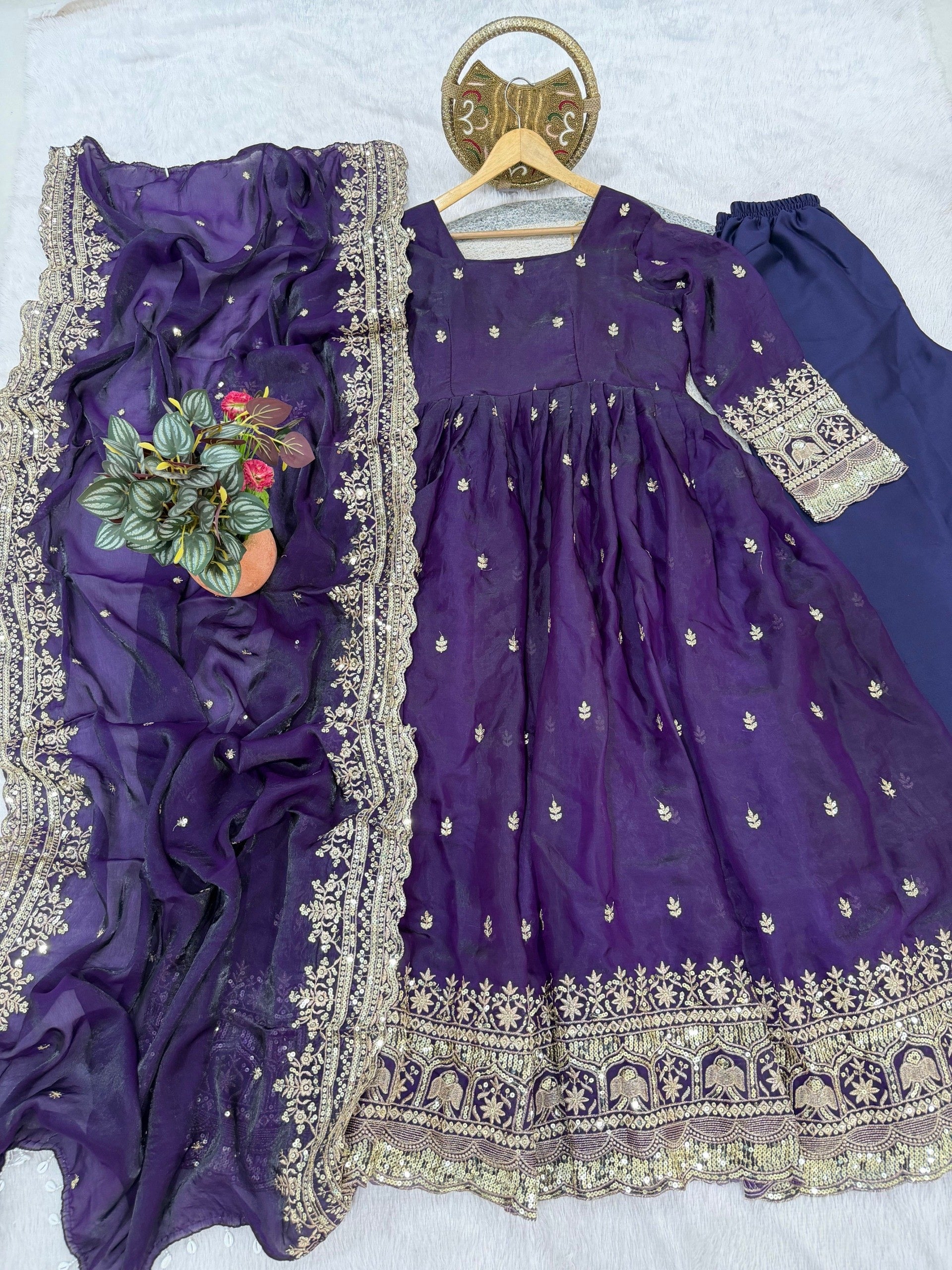 Purple Fendi Satin Embroidered Sequins Work Full Sleeve Suit Set