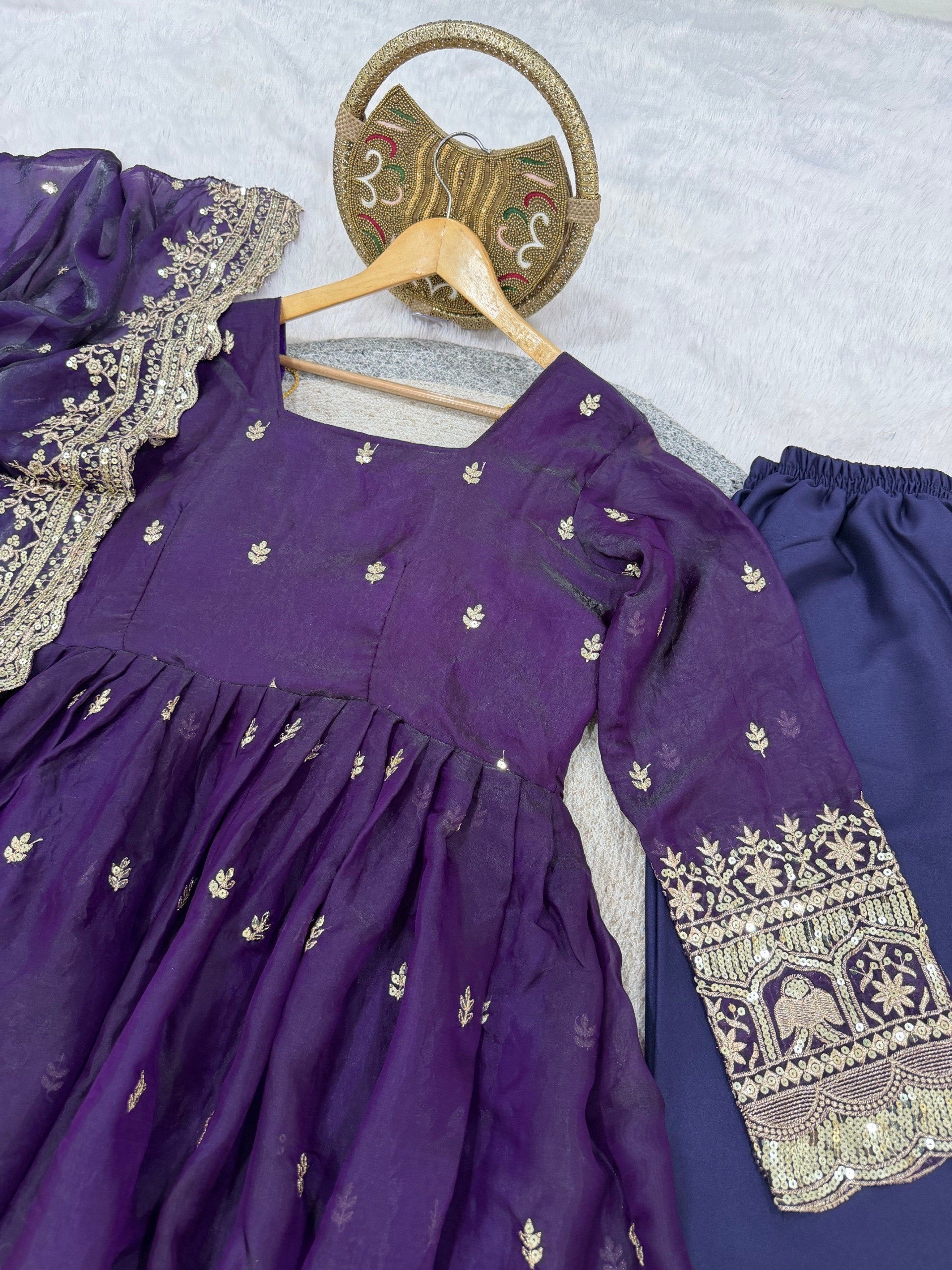 Purple Fendi Satin Embroidered Sequins Work Full Sleeve Suit Set