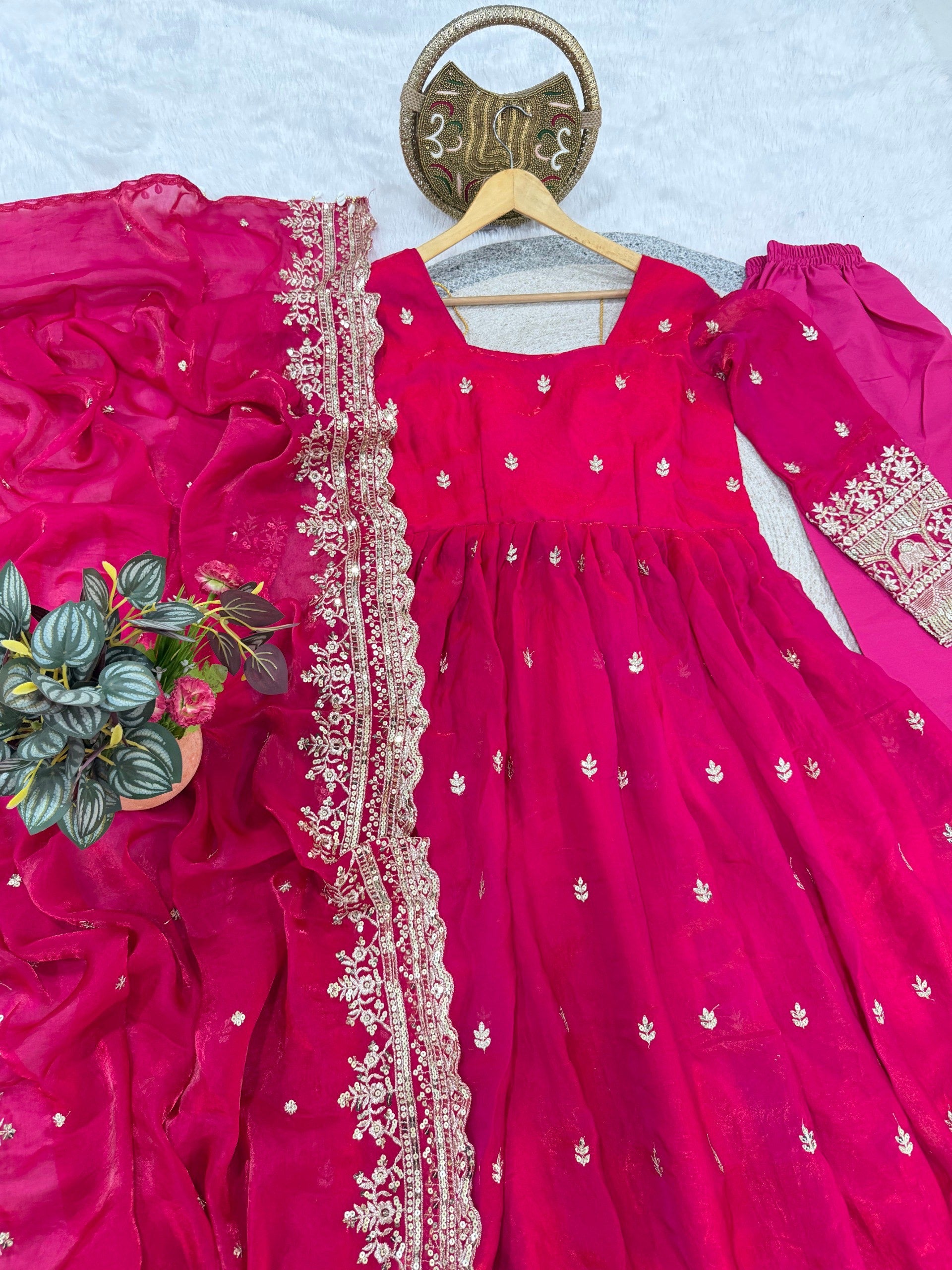 Red Fendi Satin Embroidered Sequins Work Full Sleeve Suit Set 