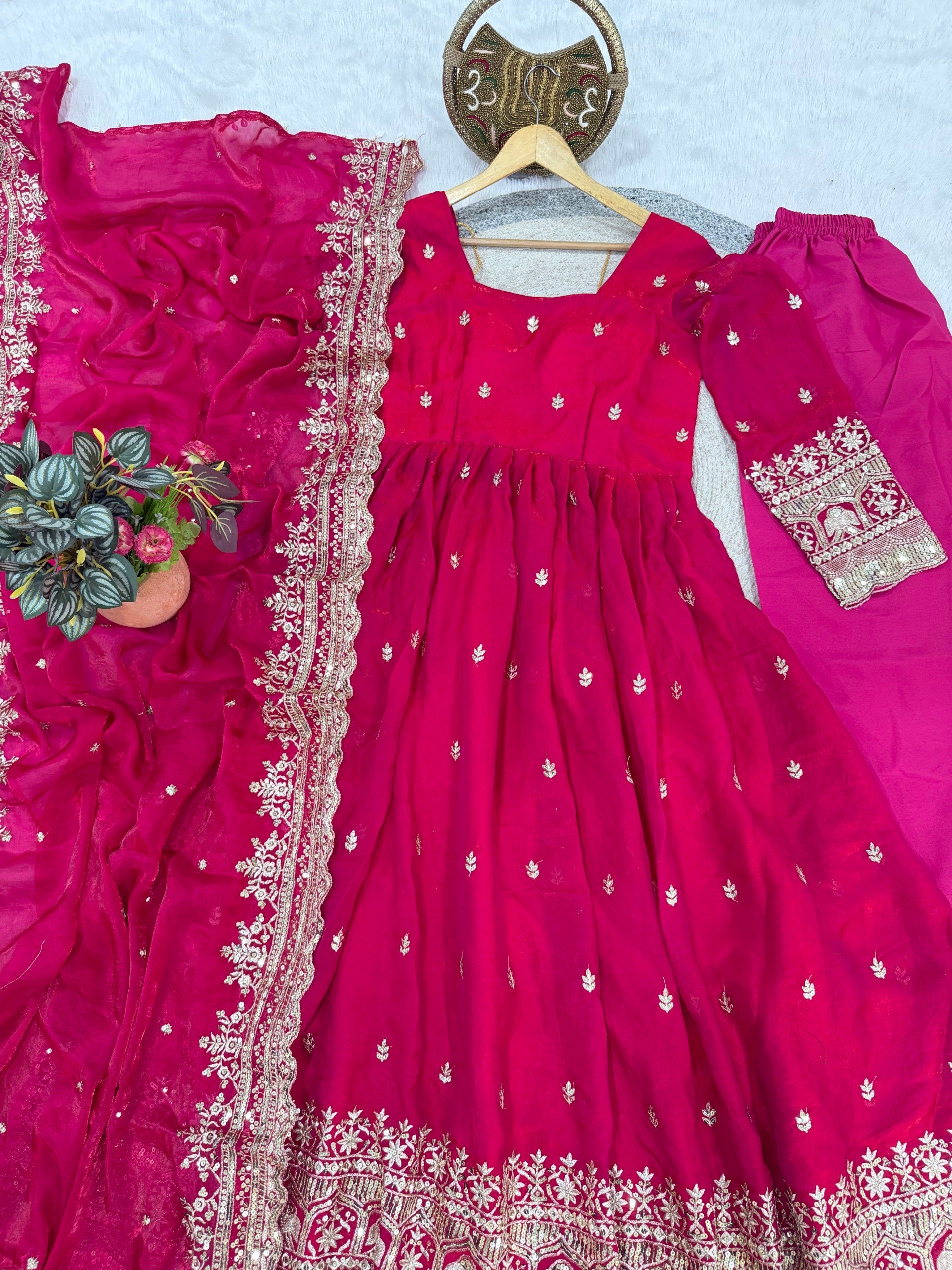 Red Fendi Satin Embroidered Sequins Work Full Sleeve Suit Set 