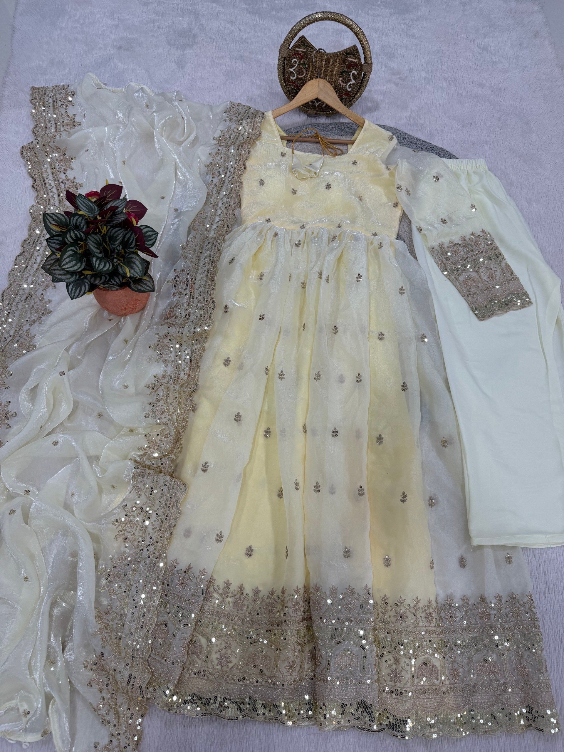 Off White Fendi Satin Embroidered Sequins Work Full Sleeve Suit Set