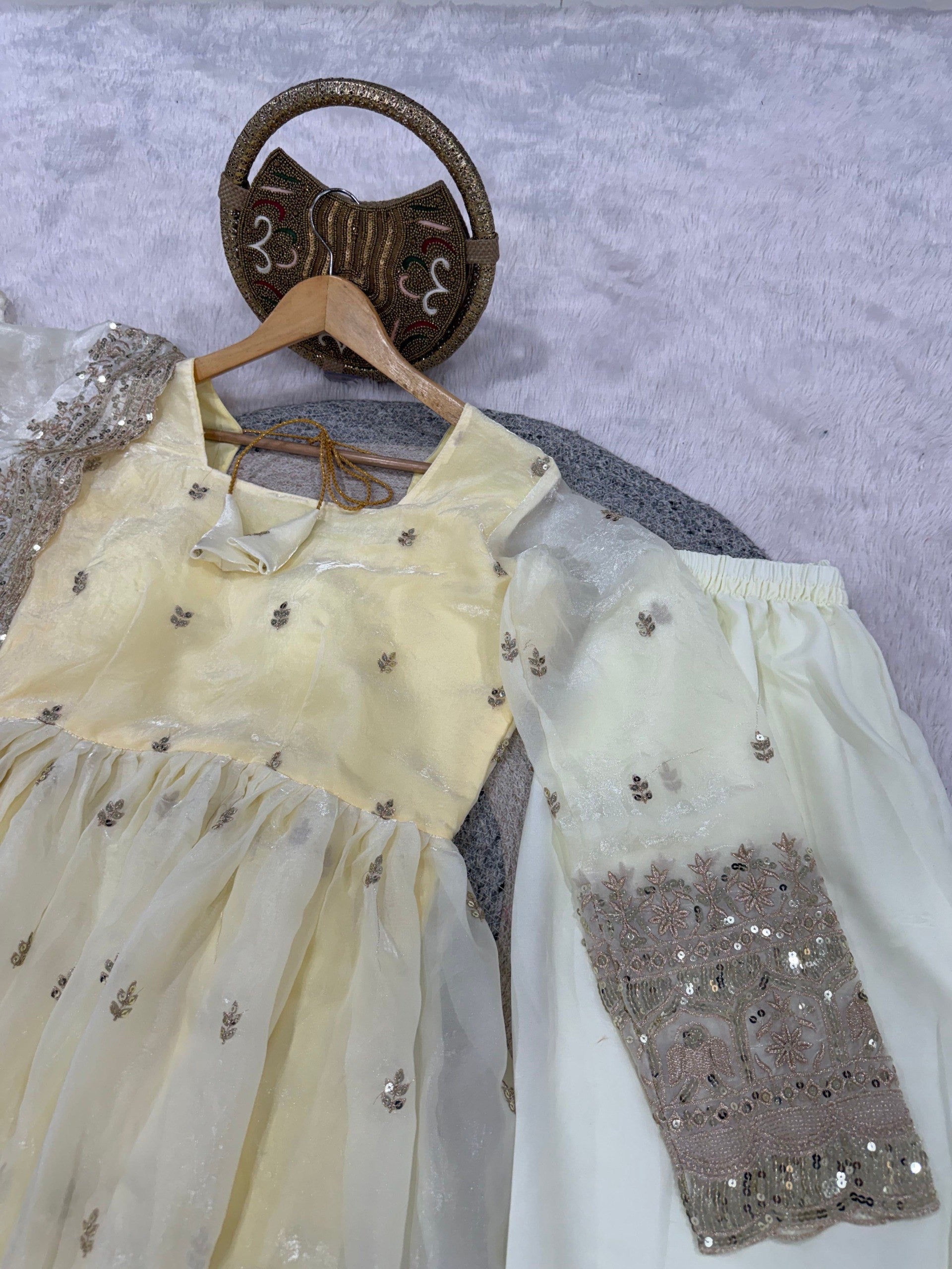 Off White Fendi Satin Embroidered Sequins Work Full Sleeve Suit Set