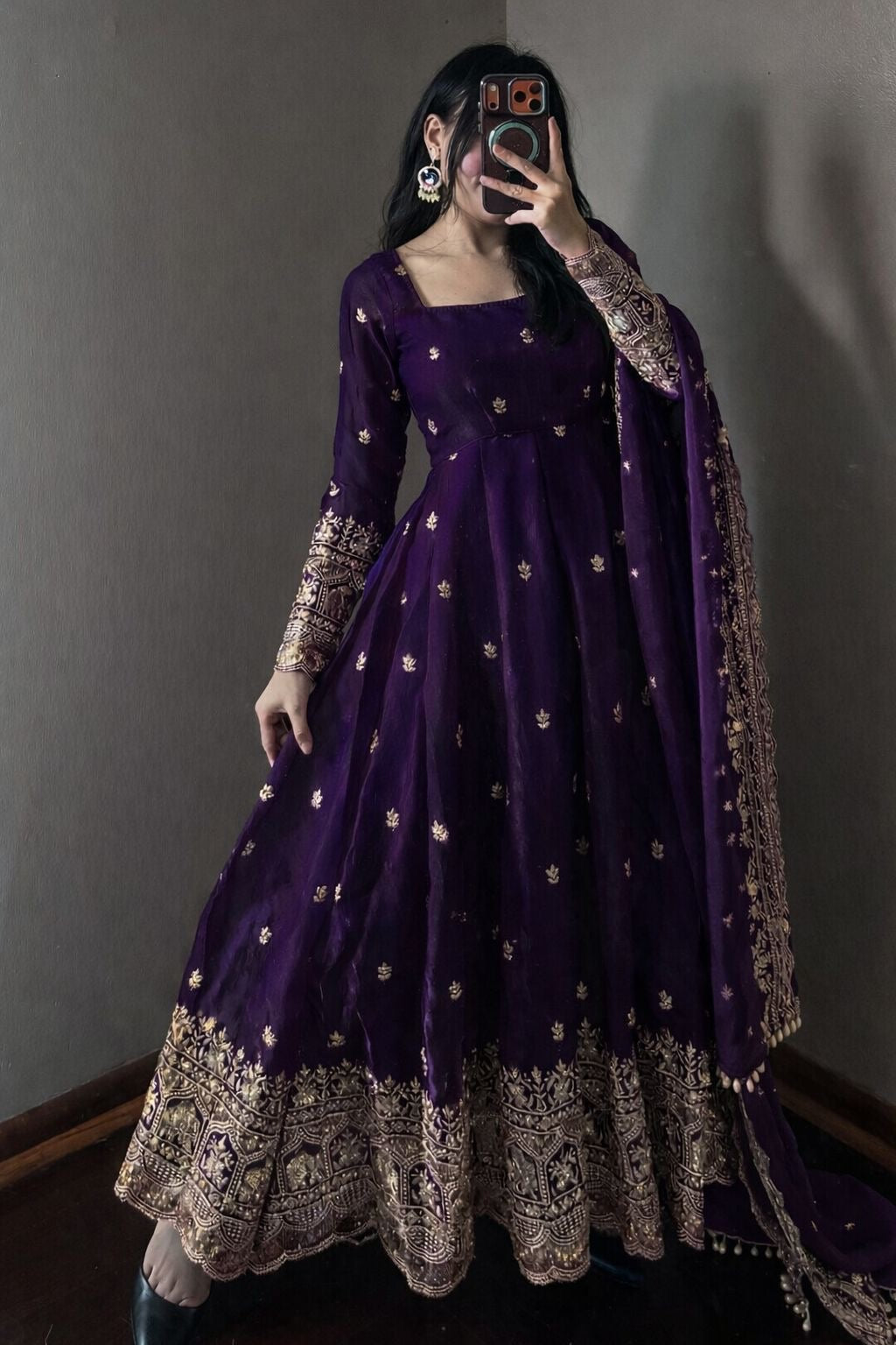 Purple Fendi Satin Embroidered Sequins Work Full Sleeve Suit Set