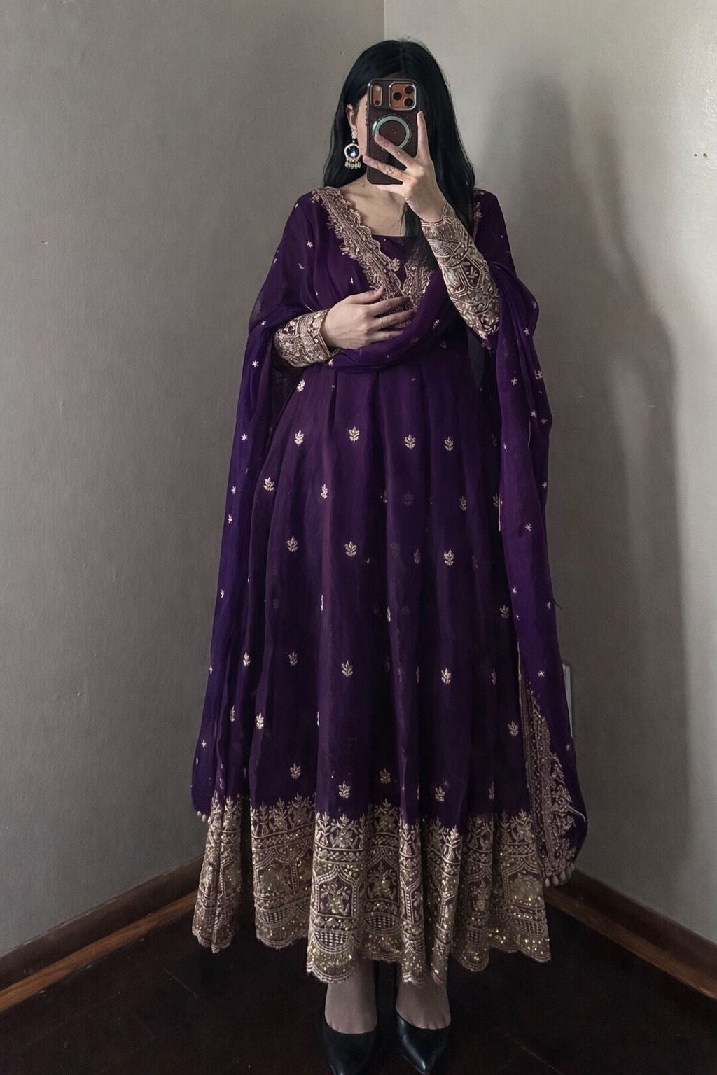 Purple Fendi Satin Embroidered Sequins Work Full Sleeve Suit Set