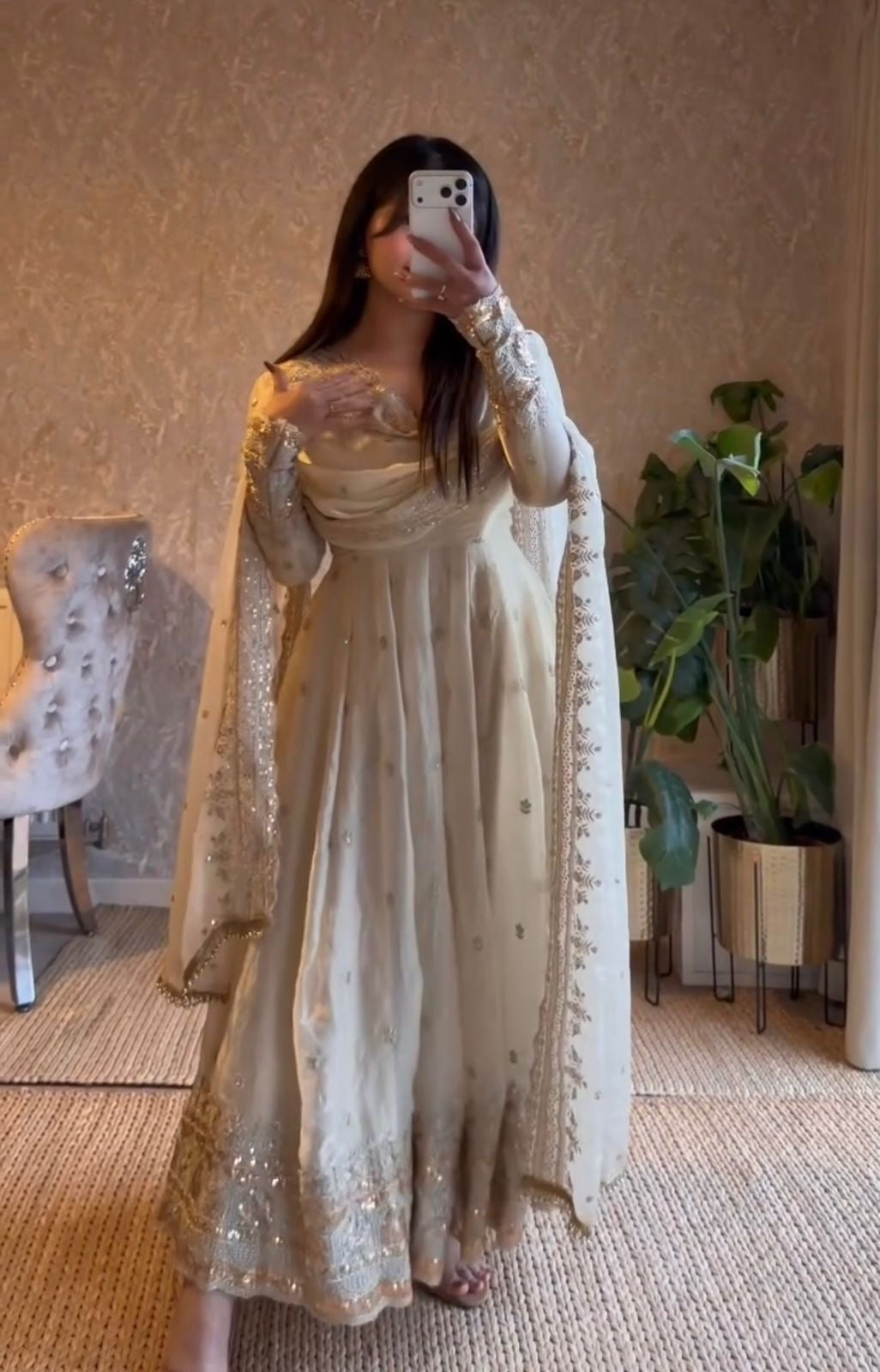 Off White Fendi Satin Embroidered Sequins Work Full Sleeve Suit Set