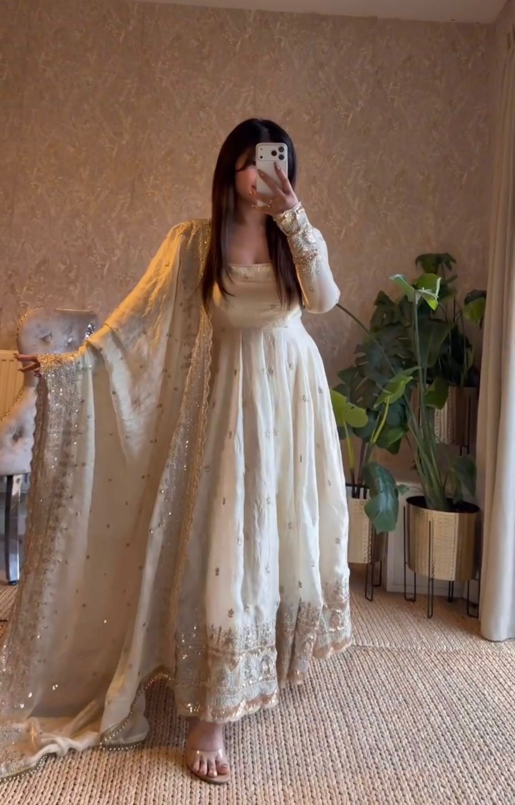 Off White Fendi Satin Embroidered Sequins Work Full Sleeve Suit Set