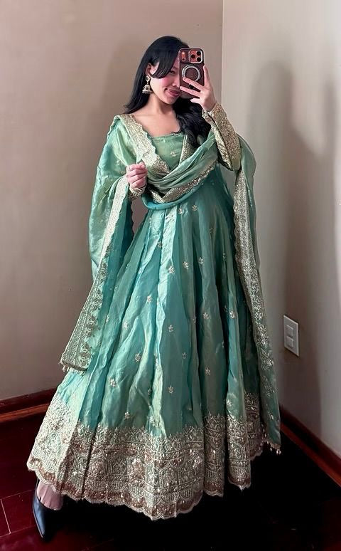 Mint Green Fendi Satin Embroidered Sequins Work Full Sleeve Suit Set