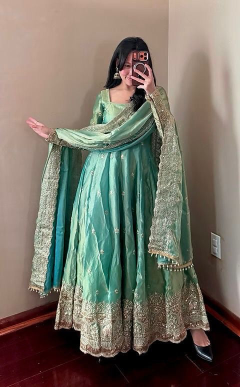 Mint Green Fendi Satin Embroidered Sequins Work Full Sleeve Suit Set