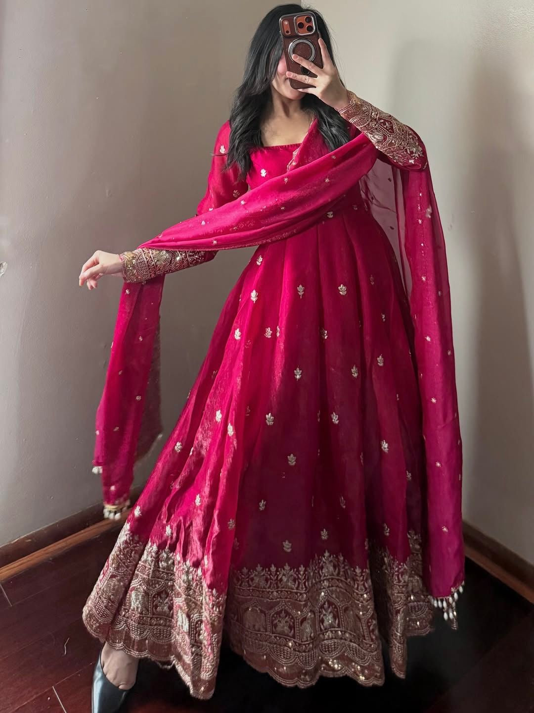 Red Fendi Satin Embroidered Sequins Work Full Sleeve Suit Set 