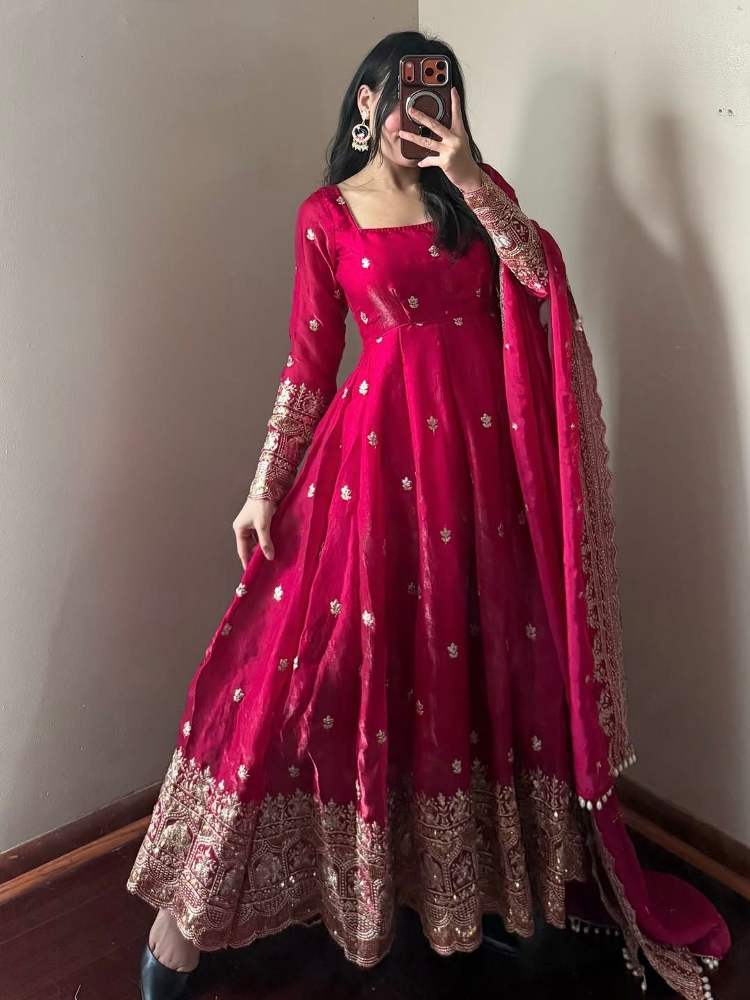 Red Fendi Satin Embroidered Sequins Work Full Sleeve Suit Set 