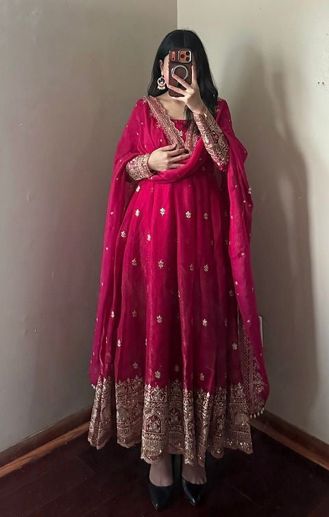 Red Fendi Satin Embroidered Sequins Work Full Sleeve Suit Set 