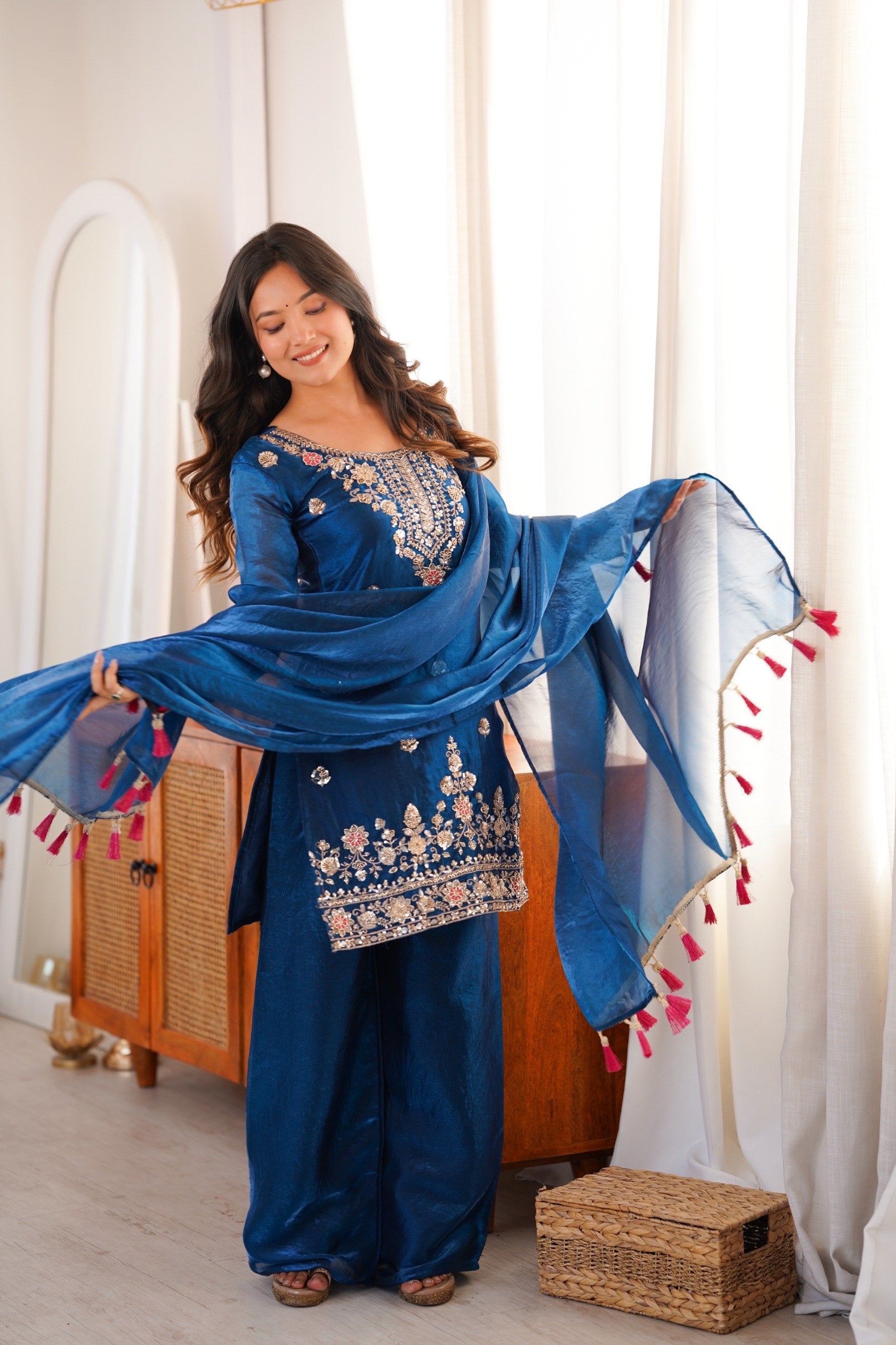 Navy Blue Fendi Silk Embroidery Beads Sequence Suit Set