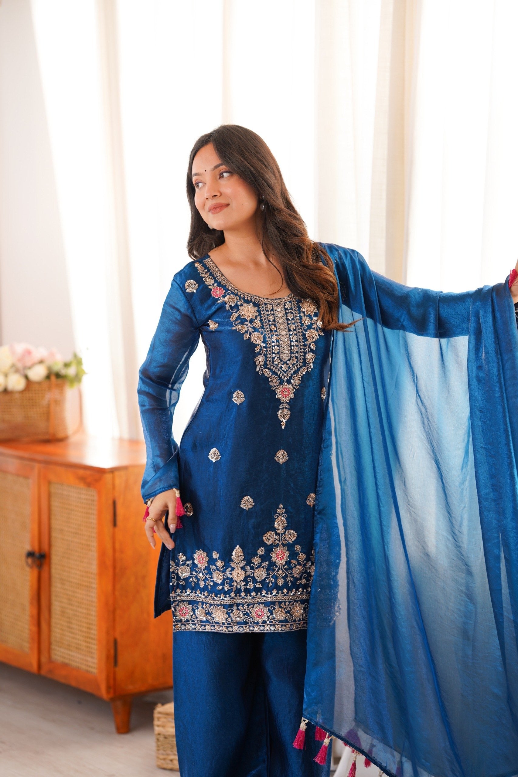 Navy Blue Fendi Silk Embroidery Beads Sequence Suit Set