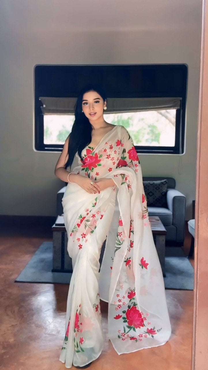 White And Rose Organza Printed Ready To Wear Saree 