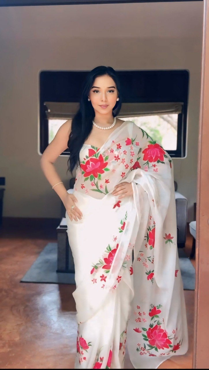 White And Rose Organza Printed Ready To Wear Saree 