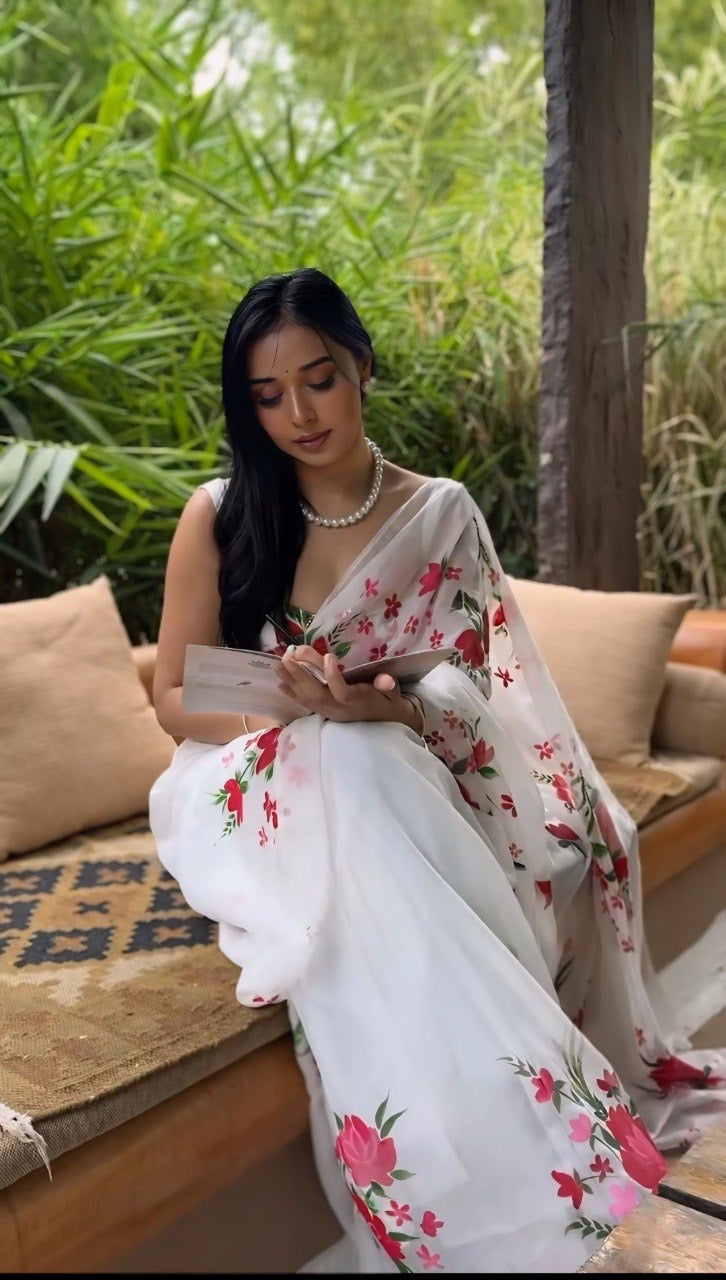 White And Rose Organza Printed Ready To Wear Saree 