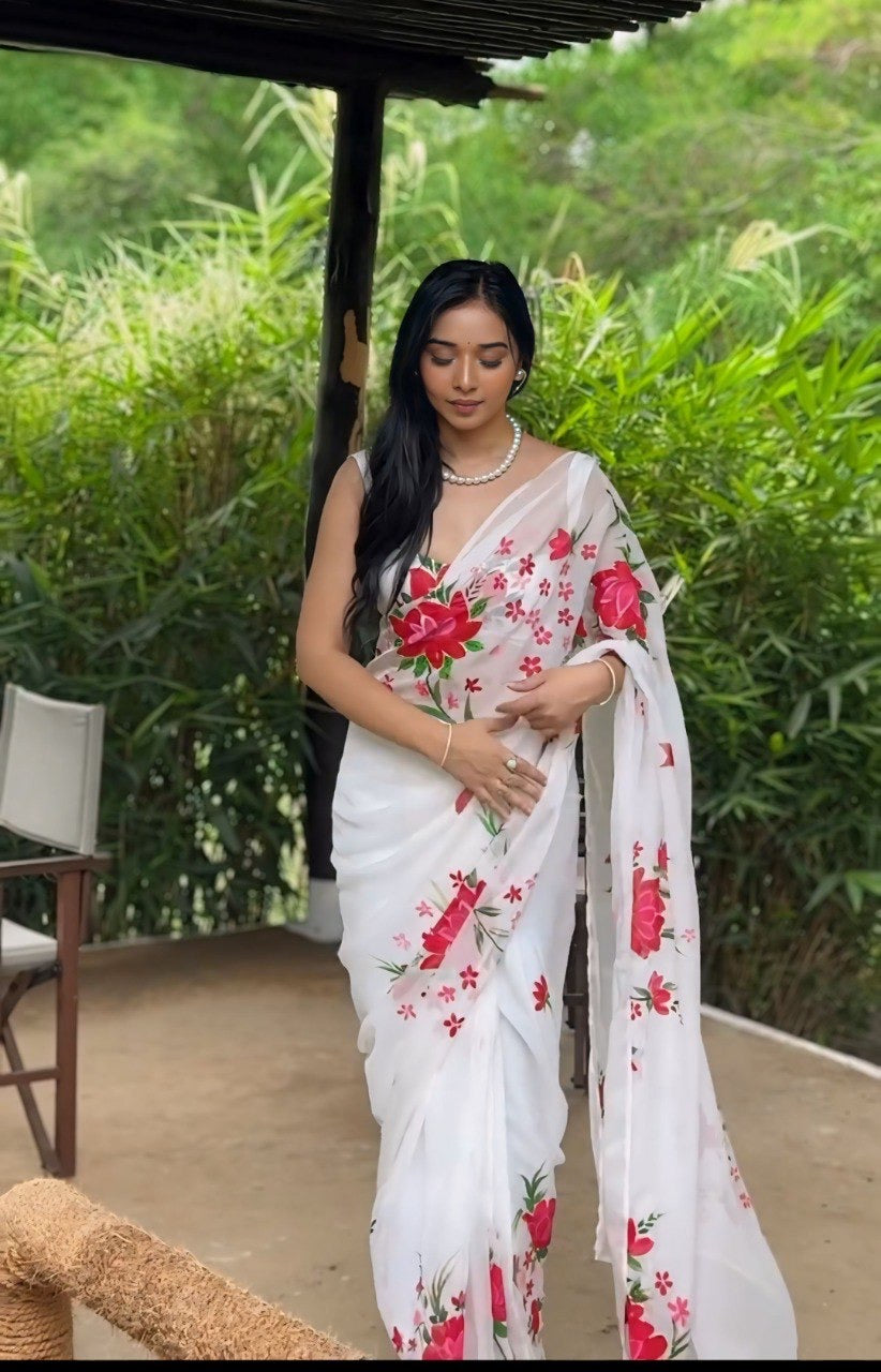 White And Rose Organza Printed Ready To Wear Saree 