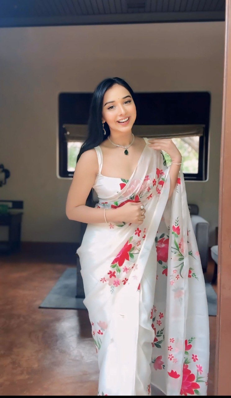 White And Rose Organza Printed Ready To Wear Saree 