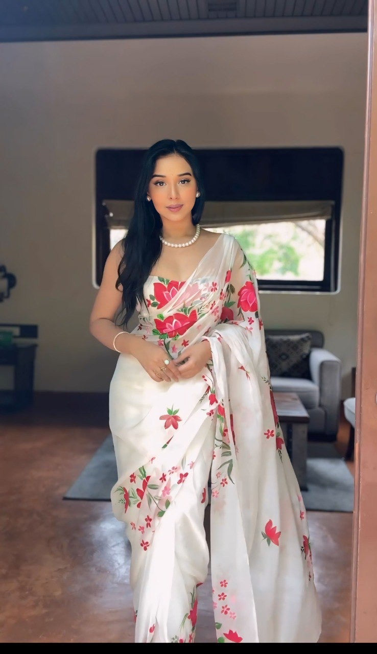 White And Rose Organza Printed Ready To Wear Saree 