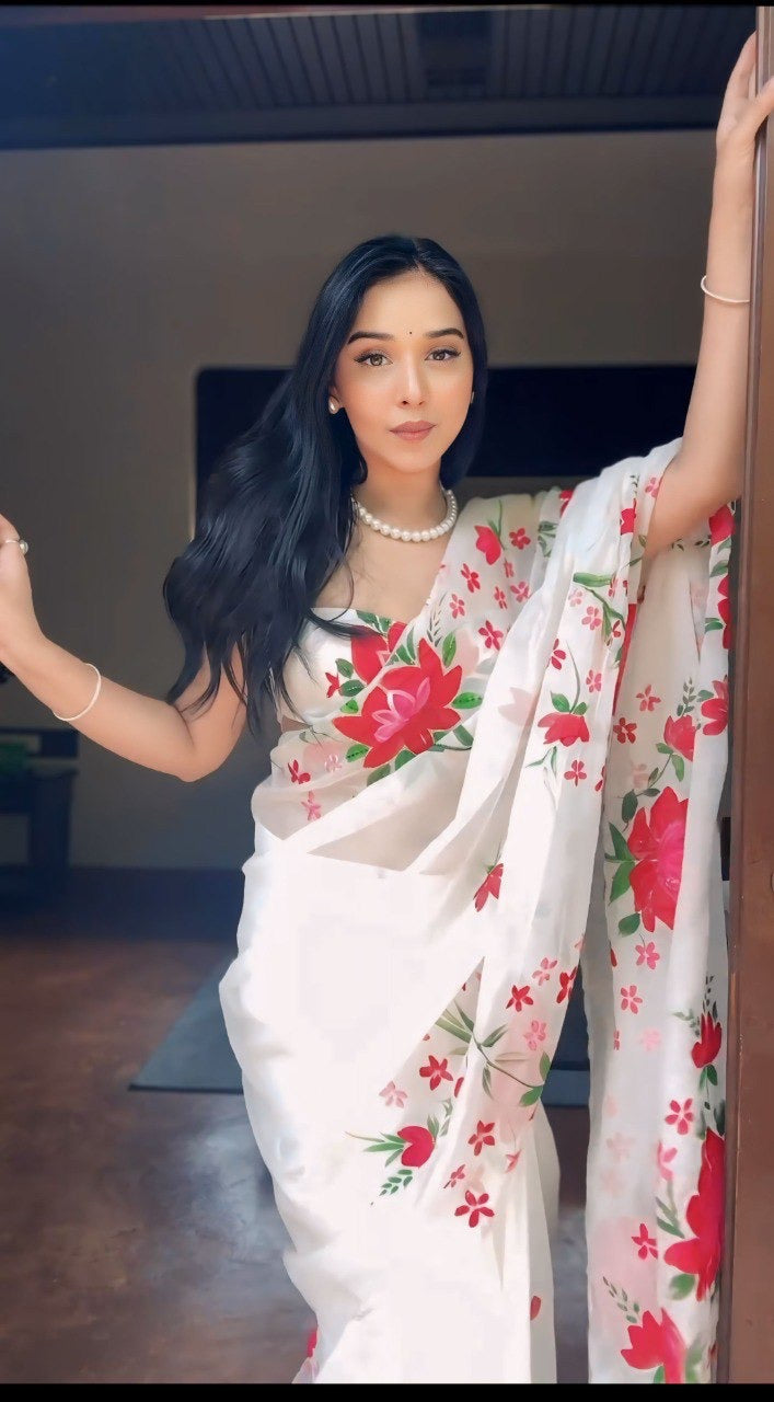 White And Rose Organza Printed Ready To Wear Saree 