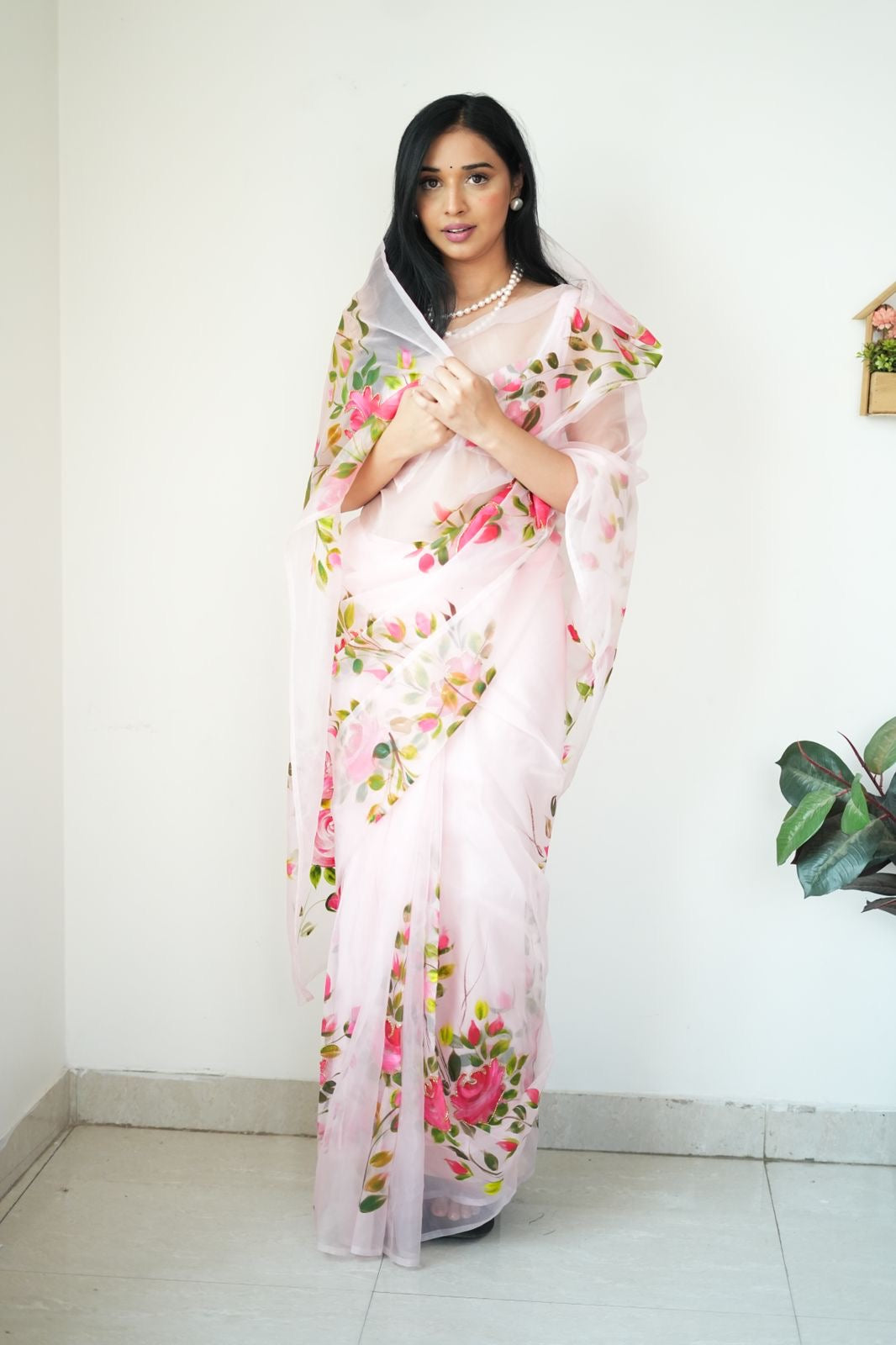 White Organza Printed Ready To Wear Saree 