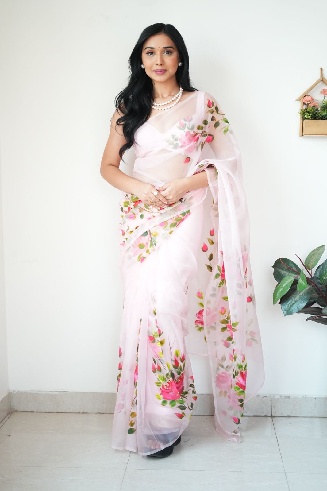 White Organza Printed Ready To Wear Saree 