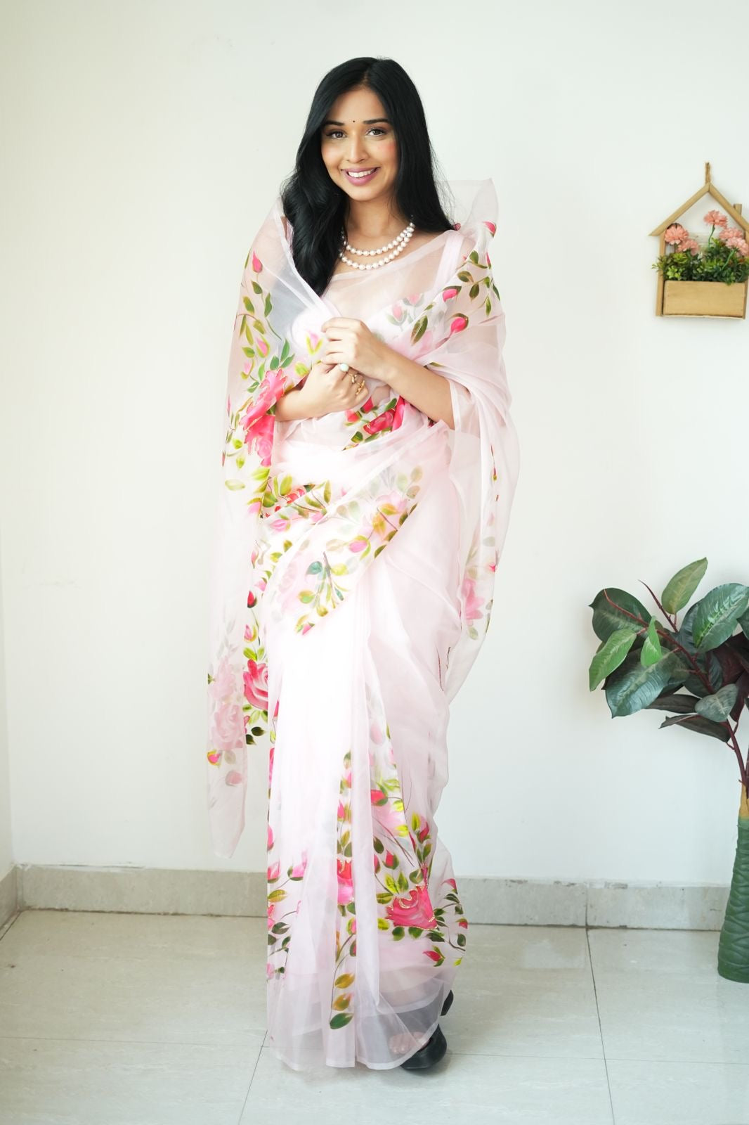 White Organza Printed Ready To Wear Saree 