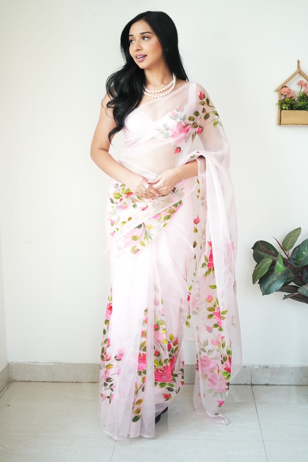 White Organza Printed Ready To Wear Saree 