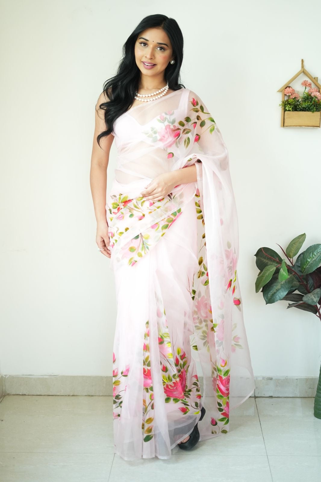 White Organza Printed Ready To Wear Saree 