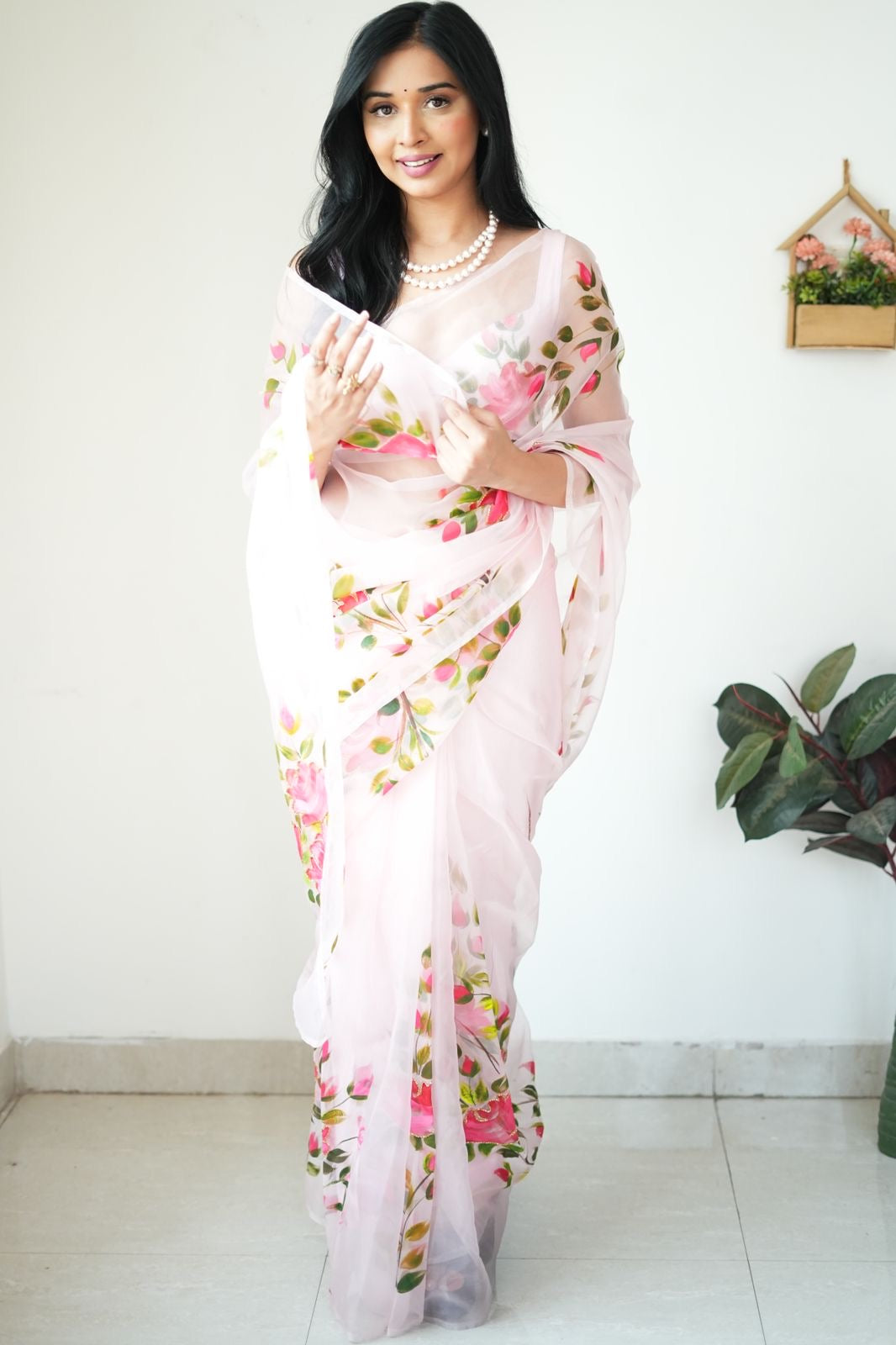 White Organza Printed Ready To Wear Saree 