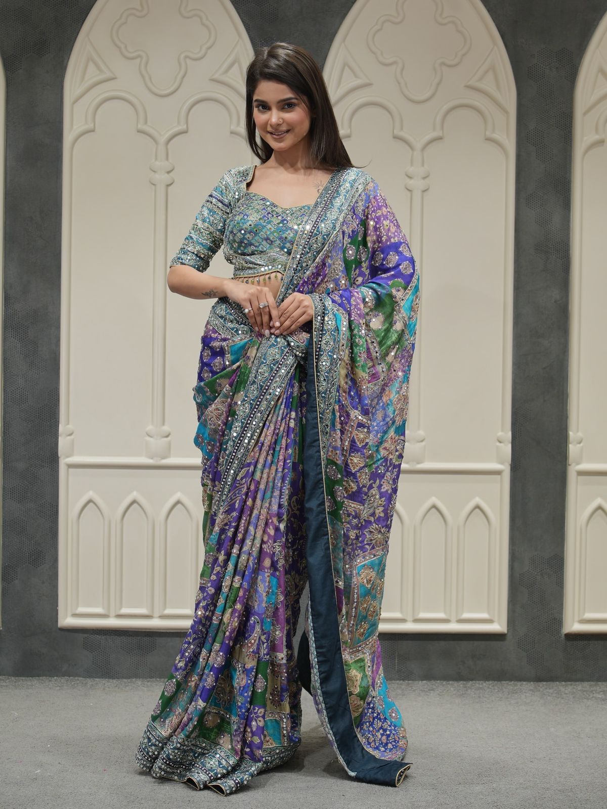 Multi Chinnon Silk Digital Print Embroidery Work With Real Mirror Saree 