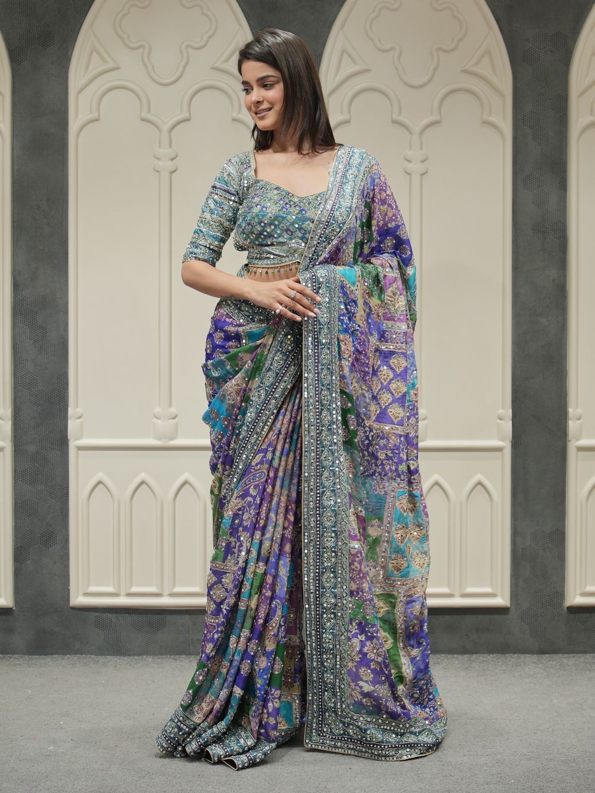 Multi Chinnon Silk Digital Print Embroidery Work With Real Mirror Saree 