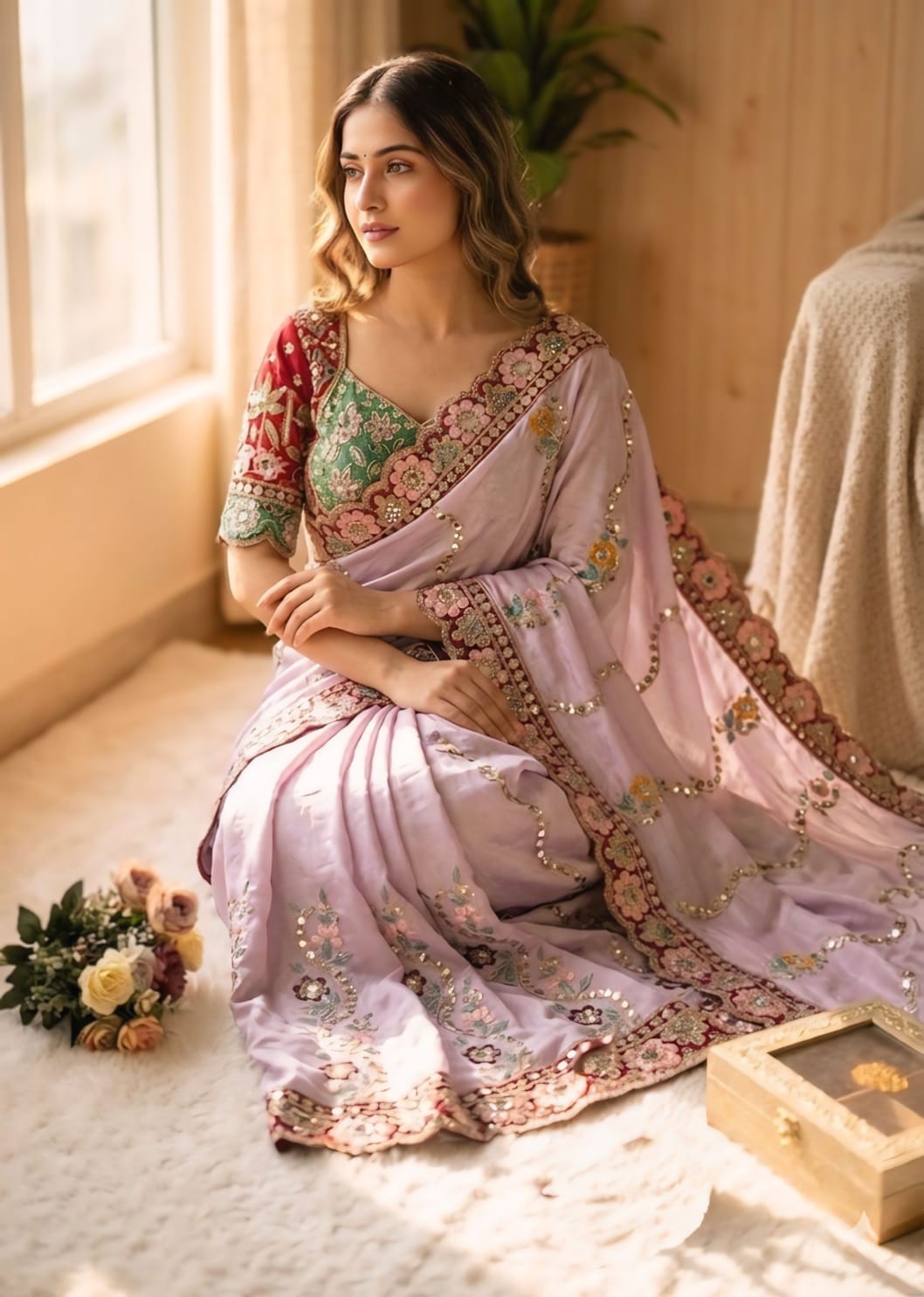 Lavender Rangoli Silk With Embroidery Multi Sequence With Mirror Work Saree
