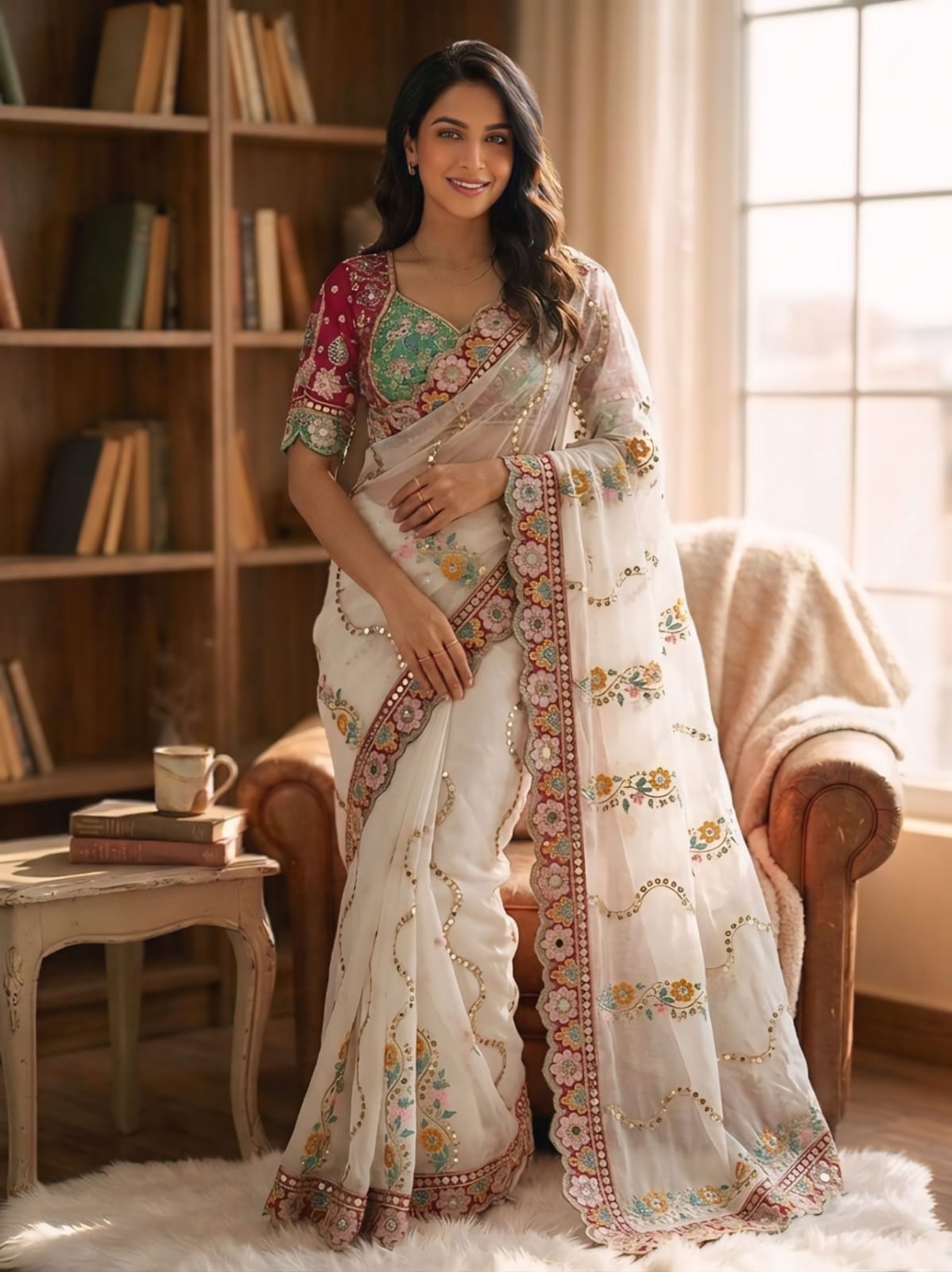 White Rangoli Silk With Embroidery Multi Sequence With Mirror Work Saree