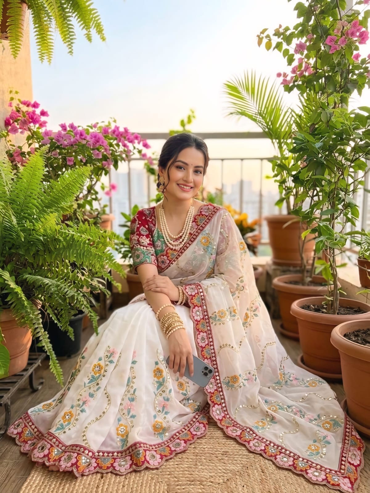 White Rangoli Silk With Embroidery Multi Sequence With Mirror Work Saree