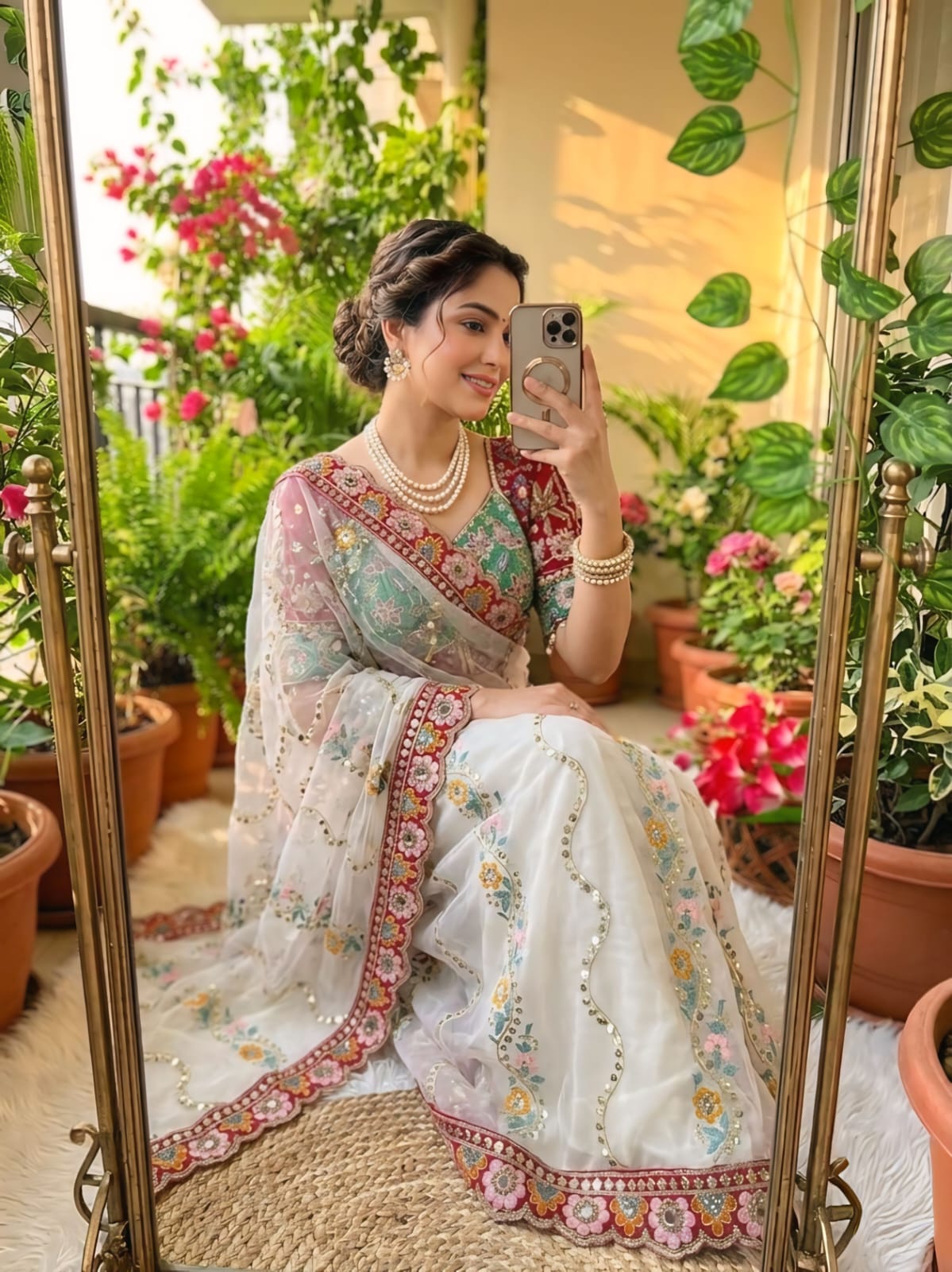 White Rangoli Silk With Embroidery Multi Sequence With Mirror Work Saree