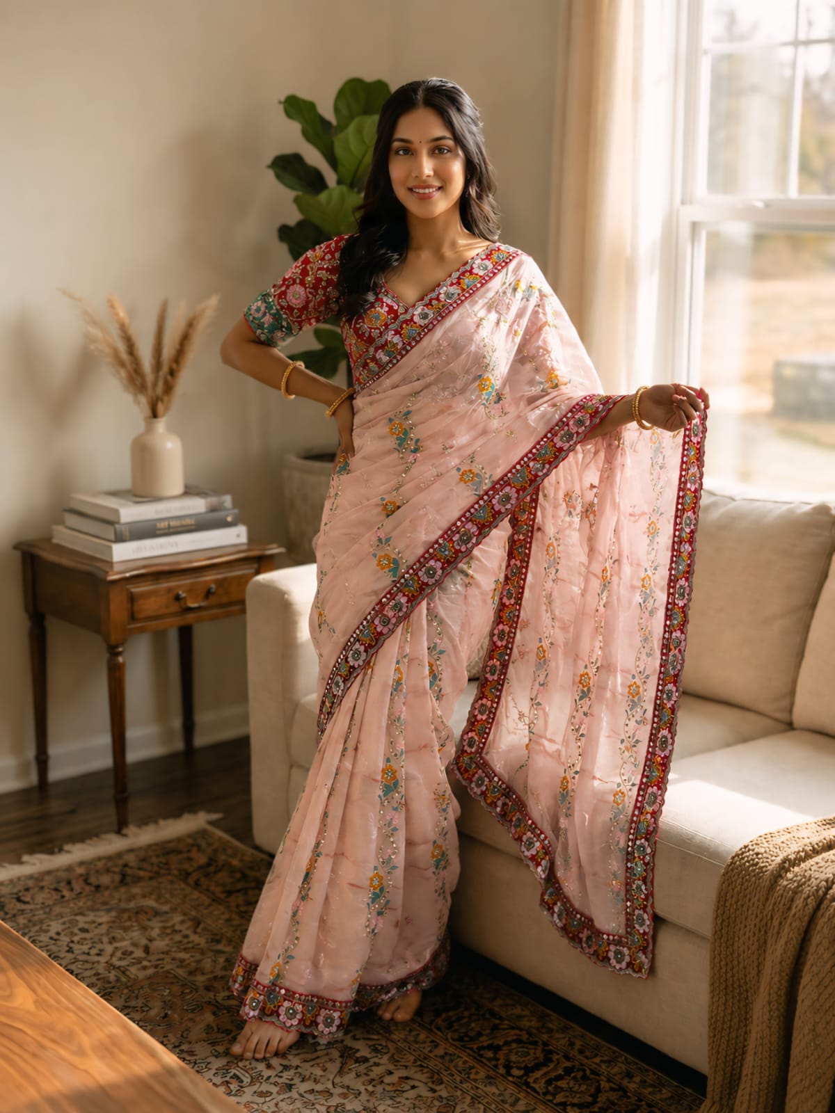 Peach Rangoli Silk With Embroidery Multi Sequence With Mirror Work Saree 
