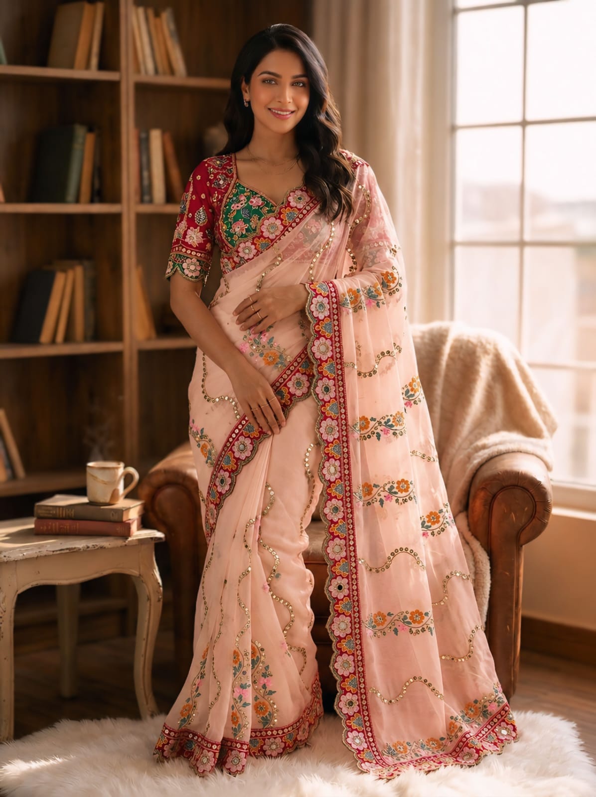 Peach Rangoli Silk With Embroidery Multi Sequence With Mirror Work Saree 
