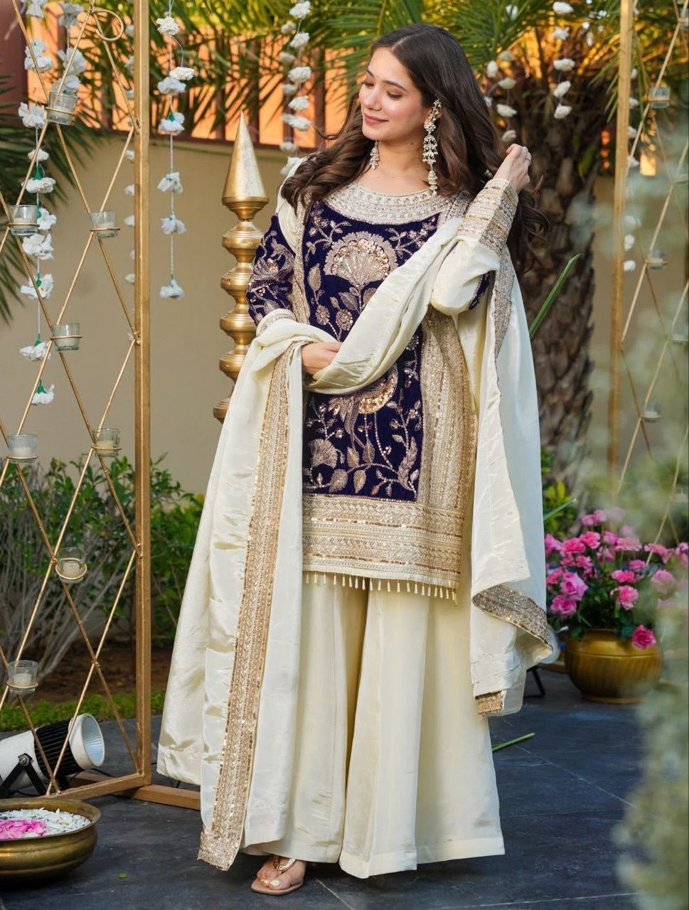 White French Crepe With Velvet Sequins Embroidered Suit Set 