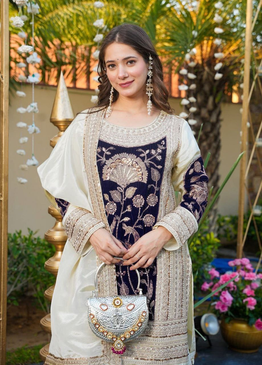 White French Crepe With Velvet Sequins Embroidered Suit Set 