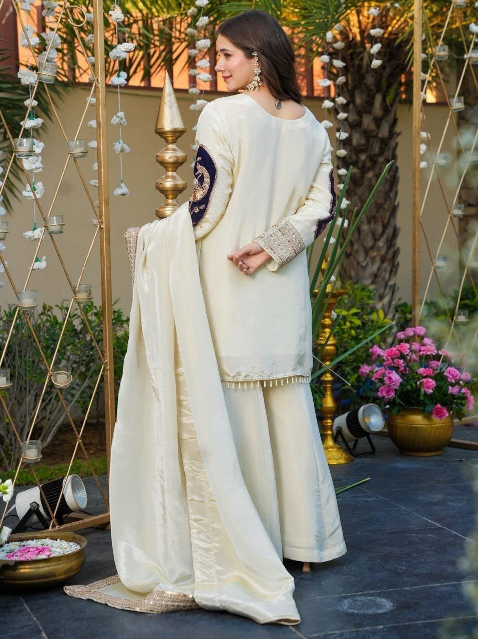 White French Crepe With Velvet Sequins Embroidered Suit Set 