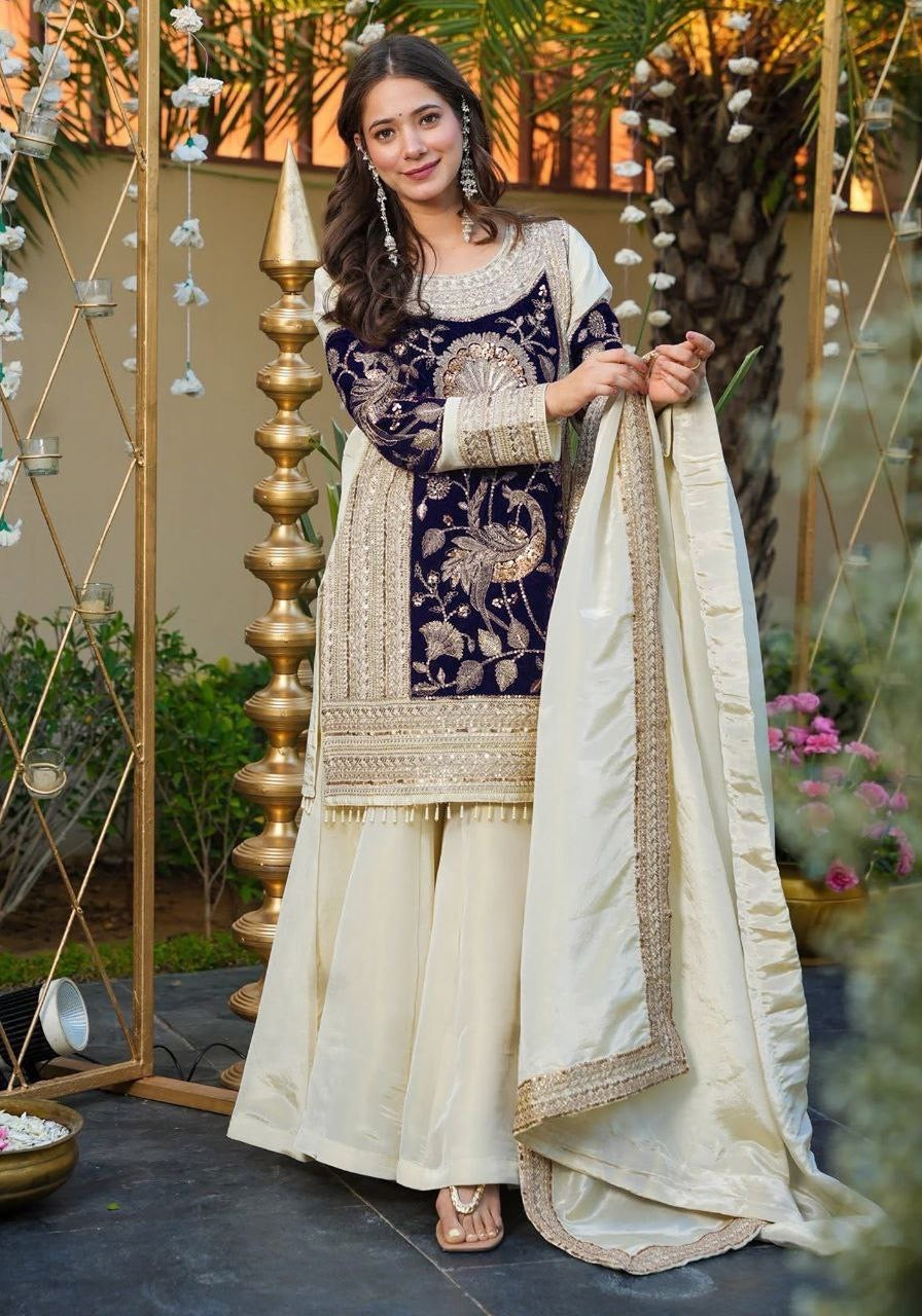 White French Crepe With Velvet Sequins Embroidered Suit Set 