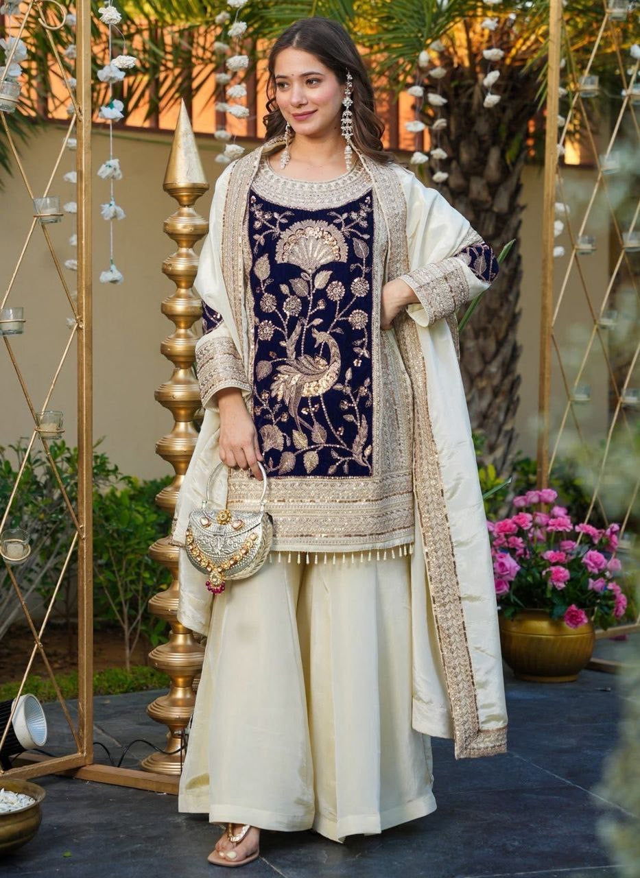 White French Crepe With Velvet Sequins Embroidered Suit Set 