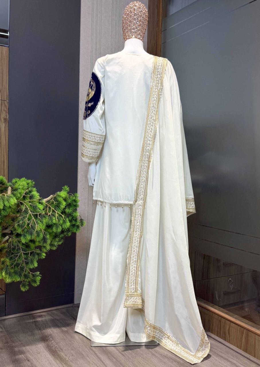 White French Crepe With Velvet Sequins Embroidered Suit Set 