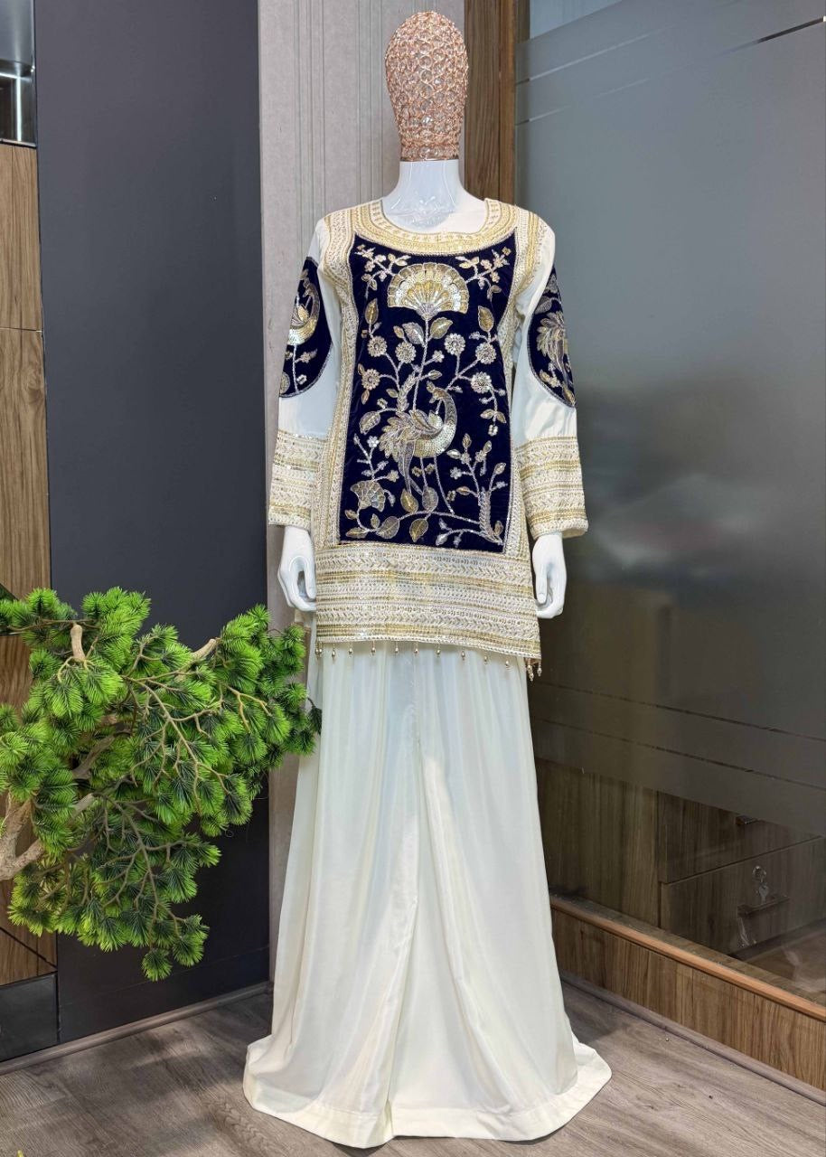 White French Crepe With Velvet Sequins Embroidered Suit Set 