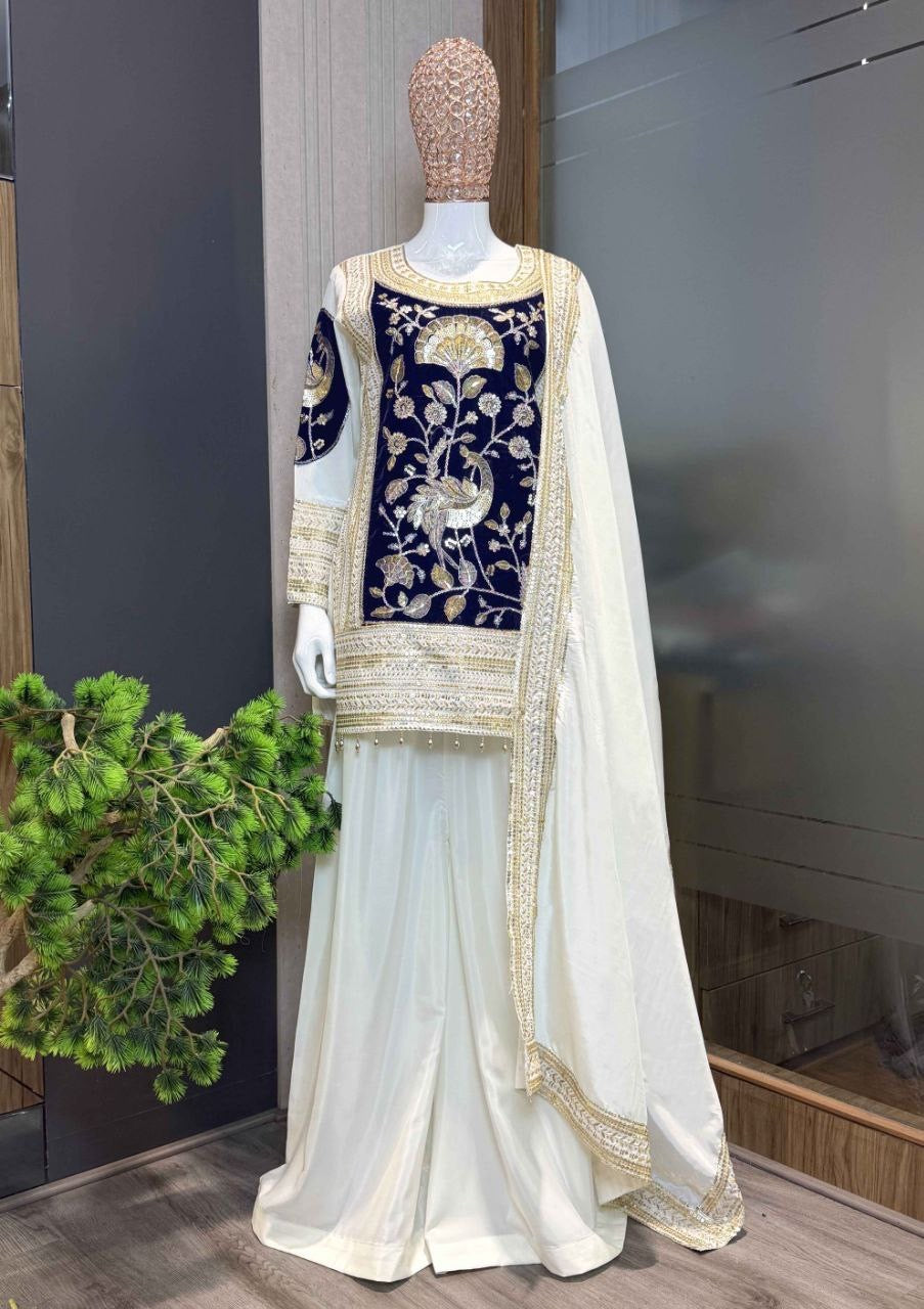 White French Crepe With Velvet Sequins Embroidered Suit Set 
