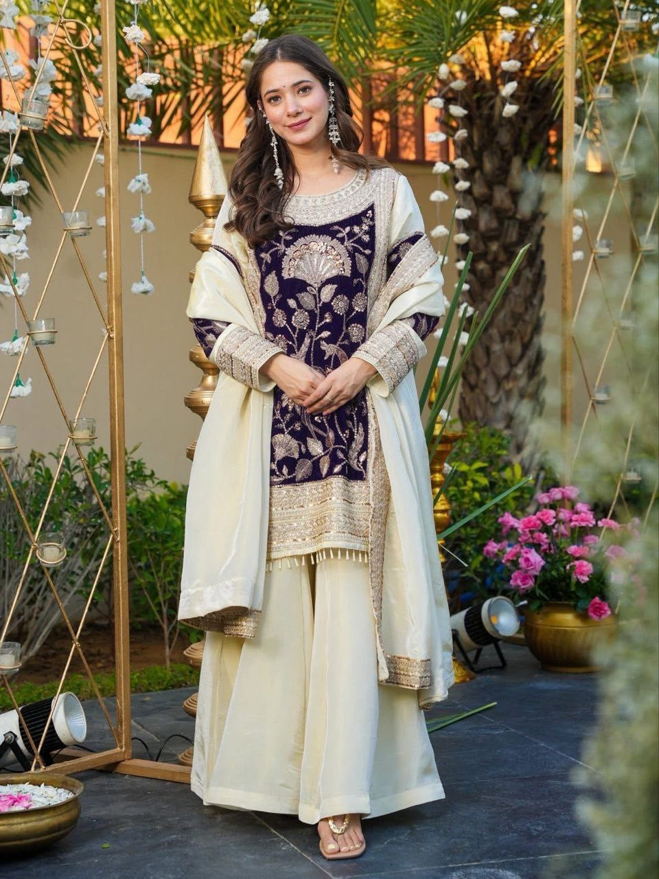 White French Crepe With Velvet Sequins Embroidered Suit Set 