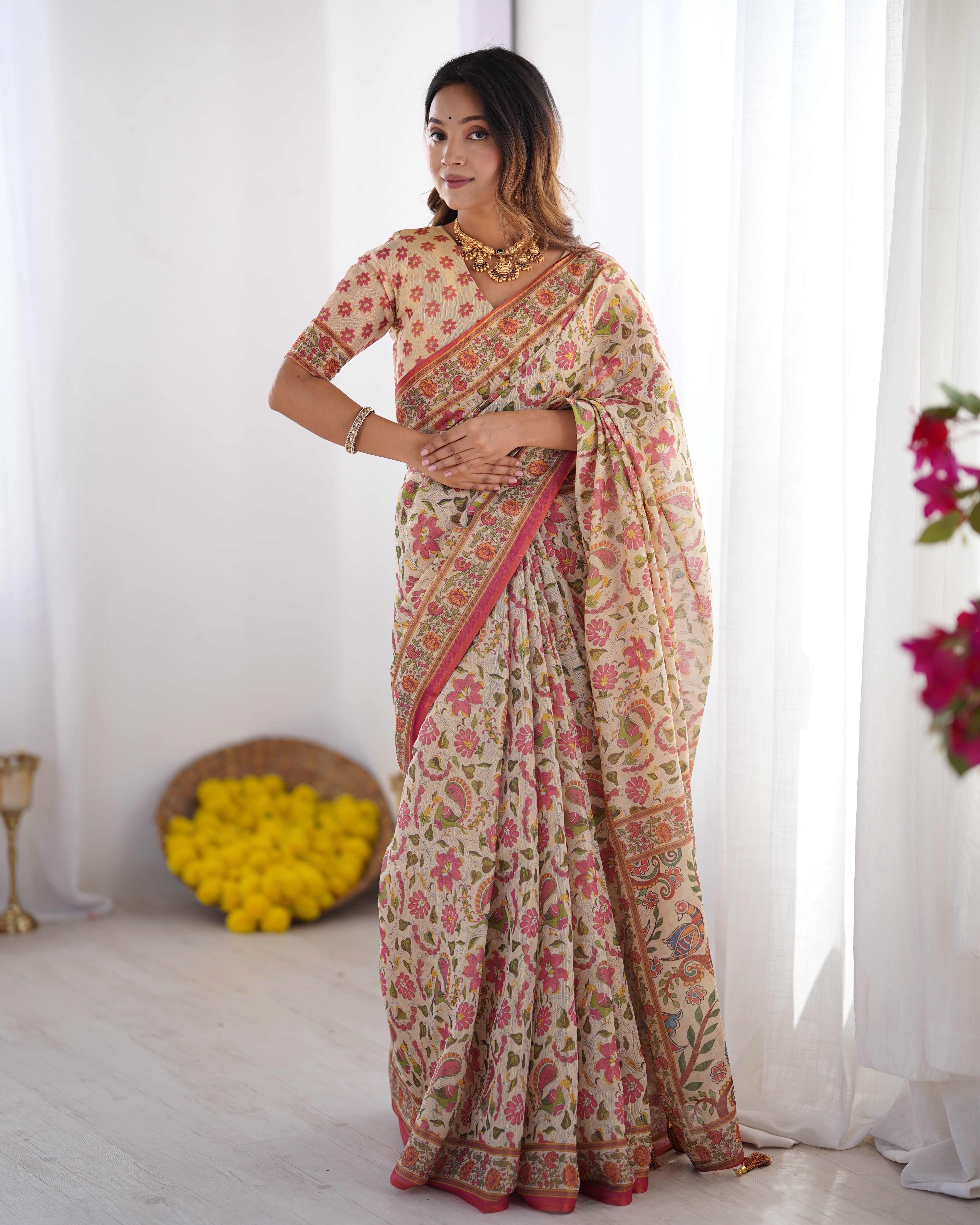 Cream Pink Floral Handloom Saree with Artistic Bird Designer Pallu 