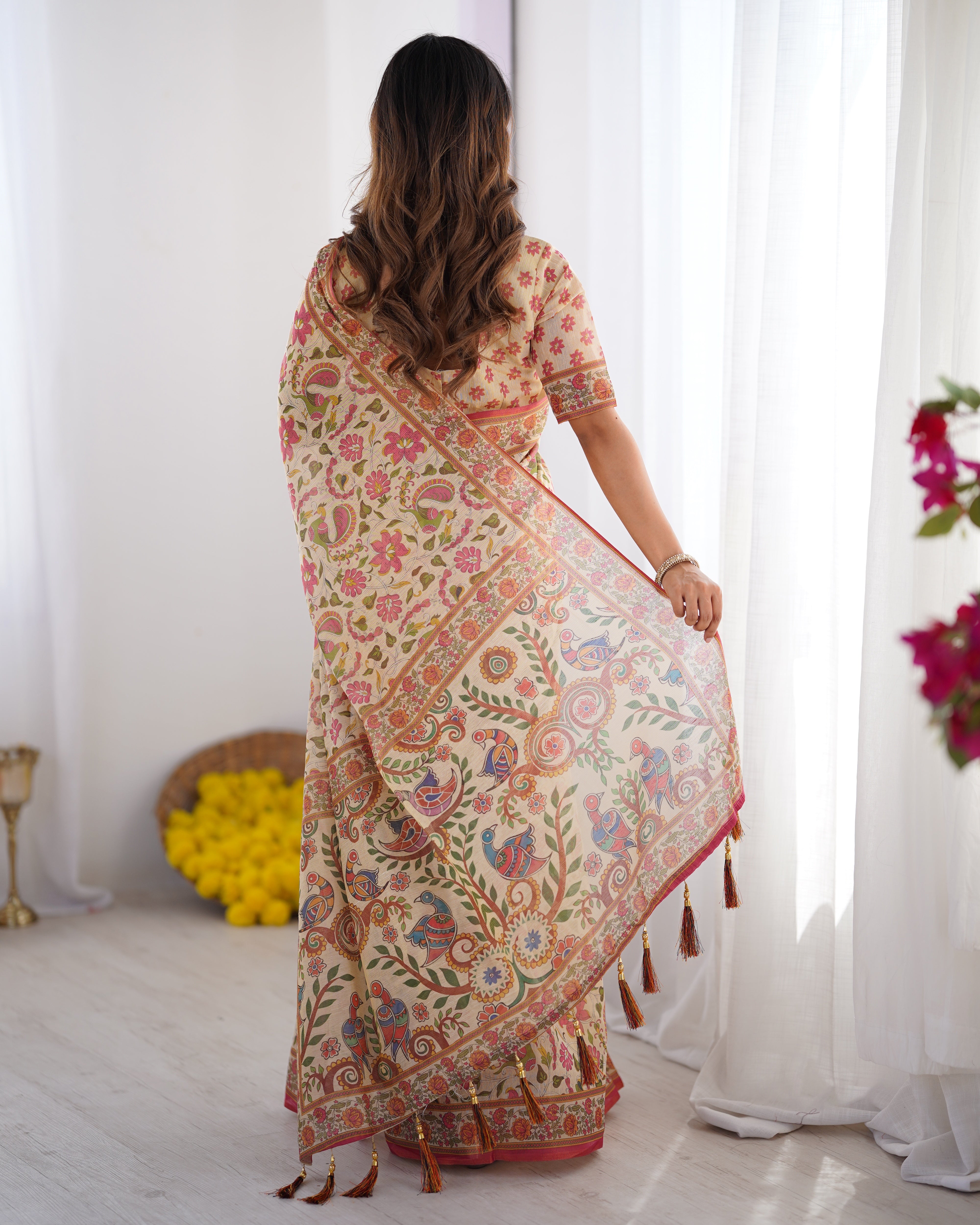 Cream Pink Floral Handloom Saree with Artistic Bird Designer Pallu 